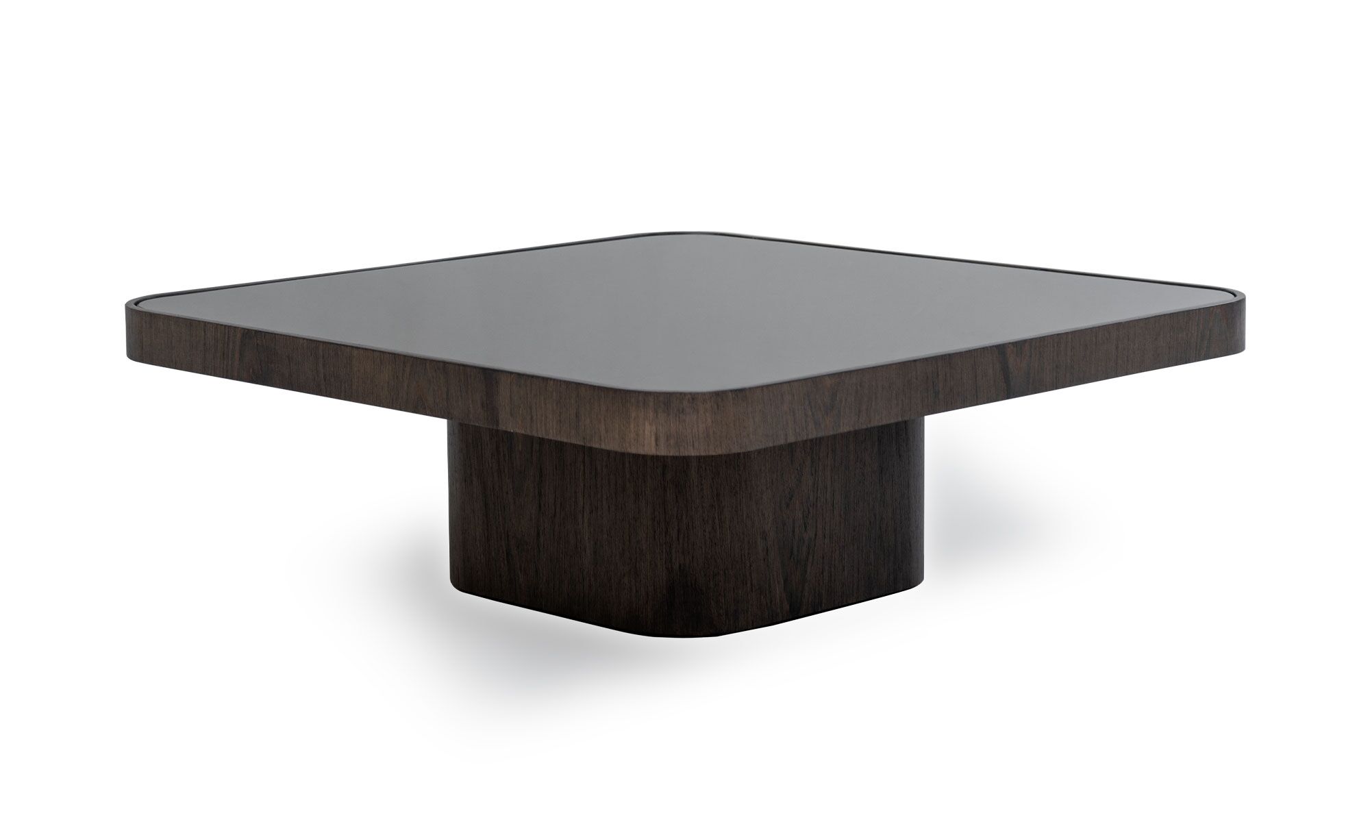 3-4 ROMA Vista diagonal de la Mesa de Centro Roma Cuadrada de la marca Aristas. Un diseño moderno y elegante que presenta una superficie en espejo y una base robusta en madera.