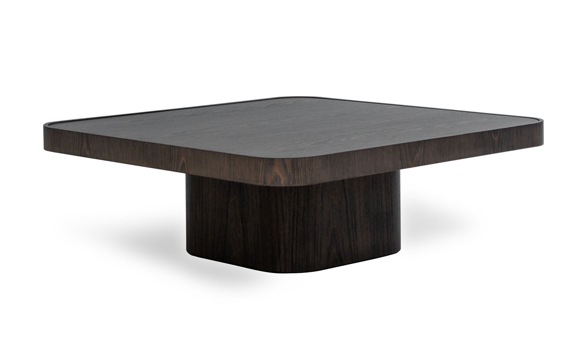 3,4 ROMA Vista diagonal de la Mesa de Centro Roma Cuadrada de la marca Aristas. Un diseño moderno y elegante de líneas curvas, que presenta una superficie en madera color Ceniza.