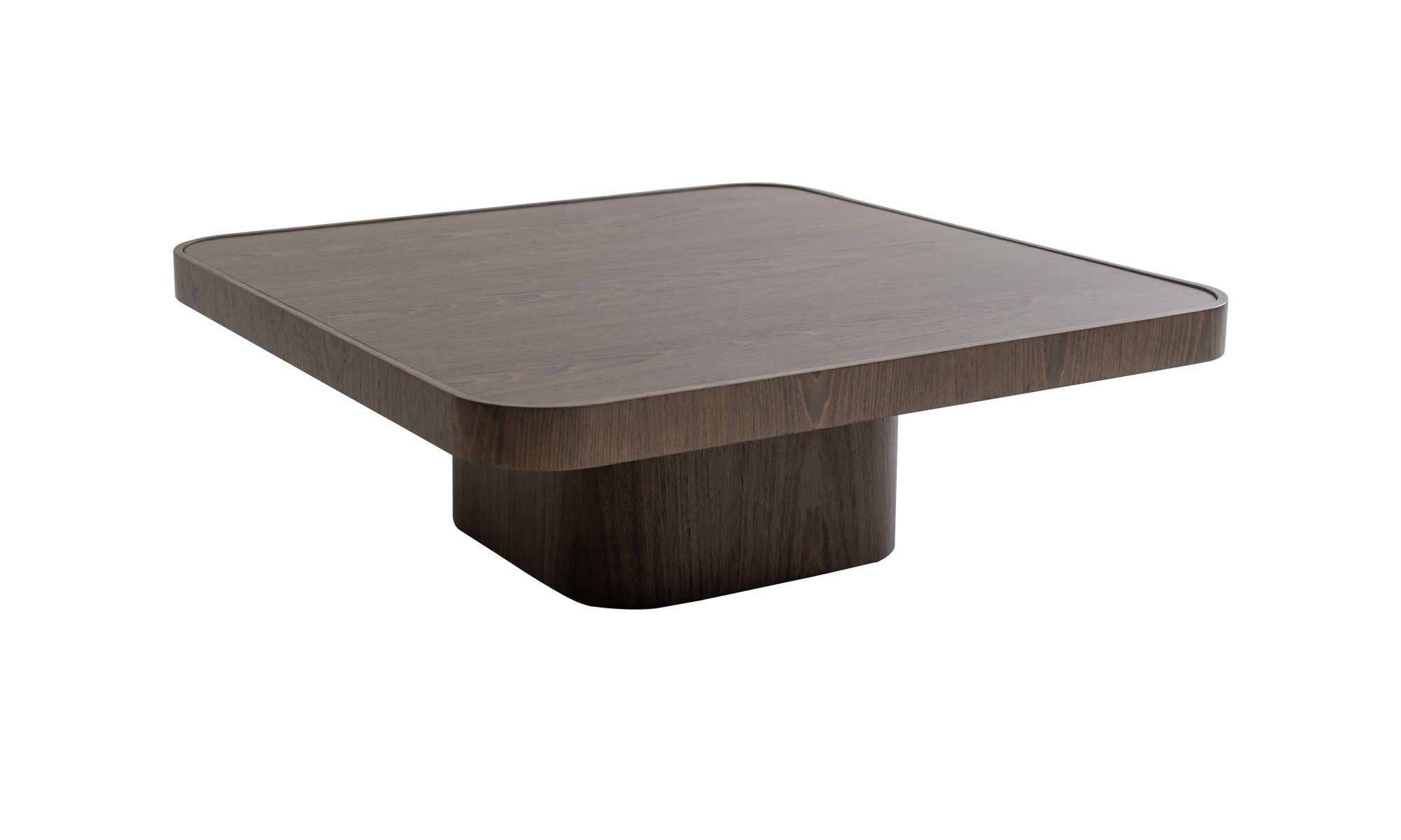 3,4 chocolate roma Vista diagonal de la Mesa de Centro Roma Cuadrada de la marca Aristas. Un diseño moderno y elegante de líneas curvas en madera color Chocolate.