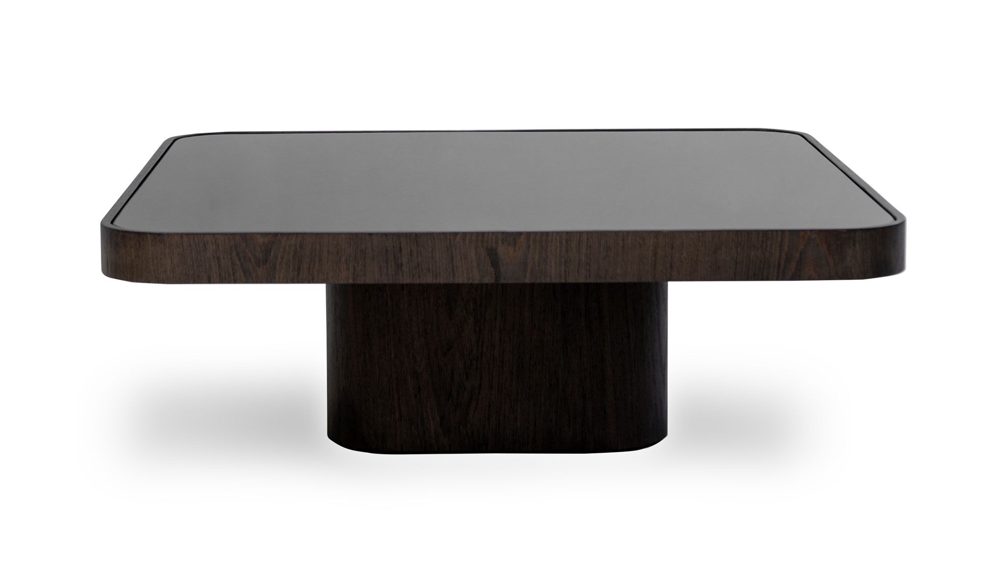 frente ROMAS Vista frontal de la Mesa de Centro Roma Cuadrada de la marca Aristas. Un diseño moderno y elegante de líneas curvas que presenta una superficie en espejo, sostenida por una base robusta.