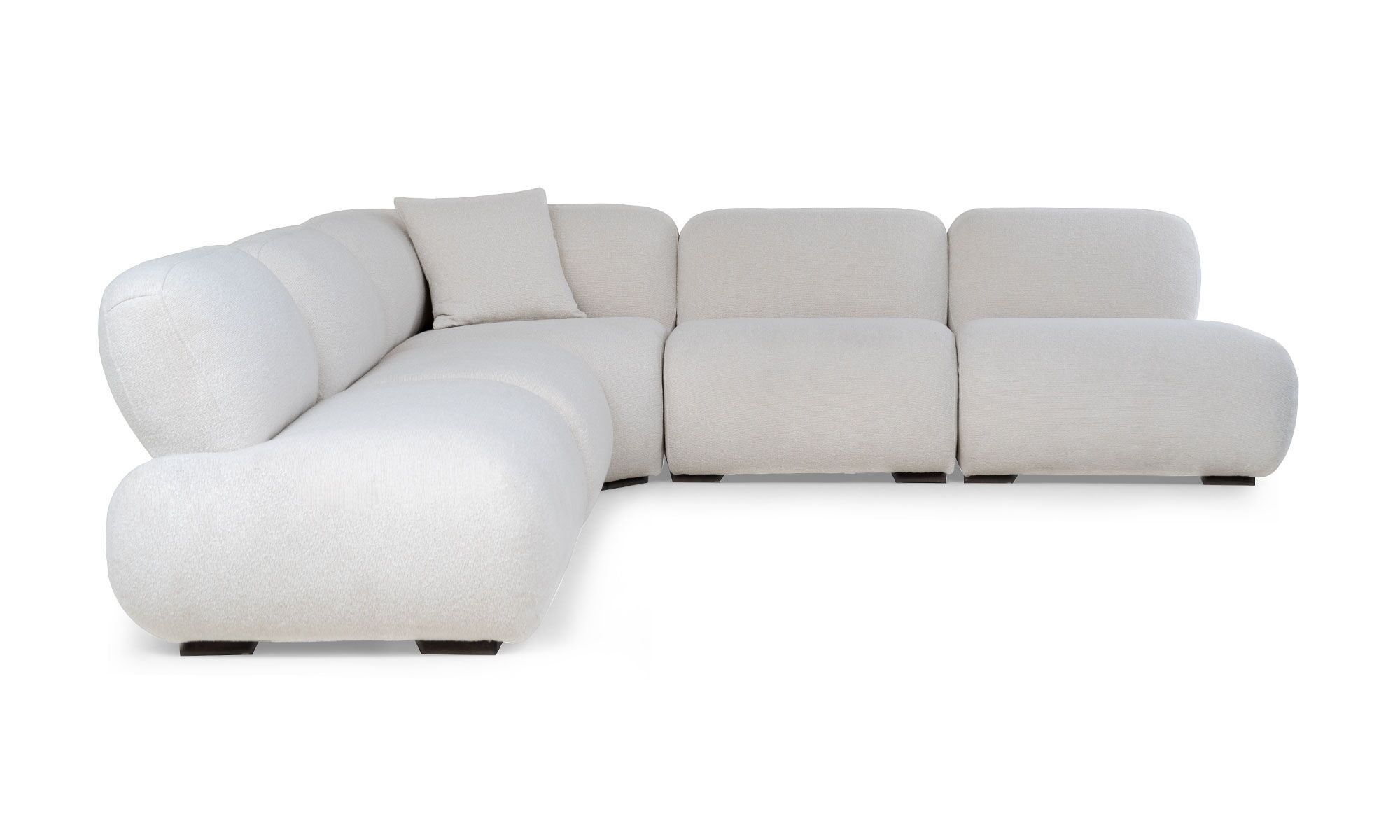 Frente (1) Sala en L Modular Emma Esquinero de la marca Aristas vista frontal. El diseño presenta una configuración en forma de "L", de líneas limpias y modernas, con asientos asientos acolchados en el color de tela Boucle Blanco.