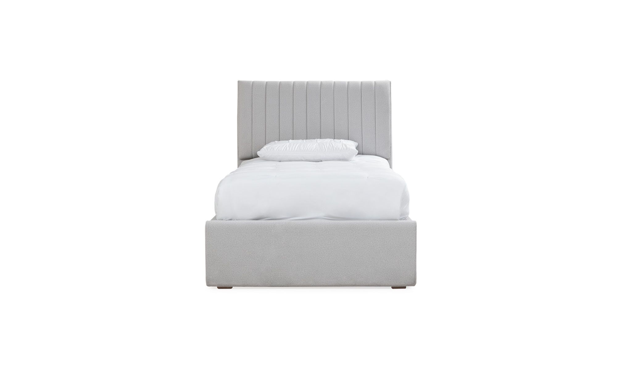 1.CAMA-VENECIA Vista frontal de la Cama Venecia Sencilla 1.00 Mts de la marca Aristas. Presenta una estructura compacta, con un cabecero alto y acolchado de líneas elegantes.