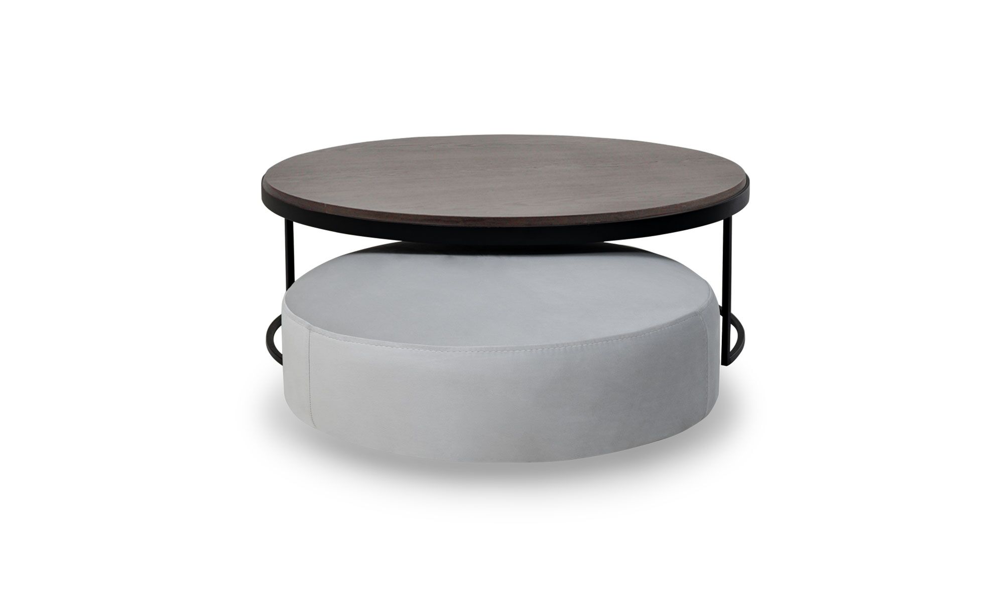 frente MAD X2 puff luna Juego de Mesa Centro Luna Mad 90 y Puff Luna 70 de la marca Aristas vista frontal. El conjunto presenta un diseño moderno y elegante, con formas redondeadas y acabados suaves en madera color Ceniza y tela color Derza Plata.