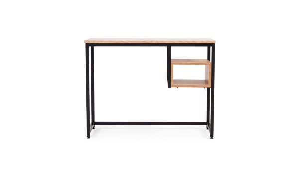 Escritorio Trial de la marca Aristas, visto en perspectiva frontal. Un diseño minimalista y elegante que cuenta con una superficie amplia en madera color Escandinavo y base metálica de color negro.