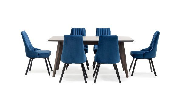 Mesa Comedor Genoa + 6 Sillas Florencia P/N de Aristas, vista en perspectiva frontal. La mesa destaca por su diseño elegante en roble europeo. Las sillas Florencia presentan un respaldo alto, tapizado suave y patas delgadas en metal.