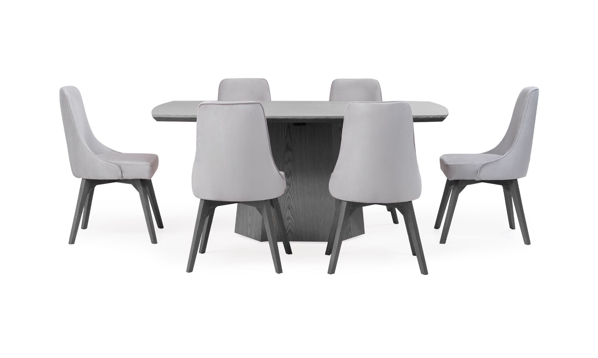1.-Mesa-comedor-milano-6-sillas-vela Vista frontal de la Mesa Comedor Milano con 6 sillas Vela de la marca Aristas. La mesa presenta un diseño elegante y moderno en madera color Ceniza, con una superficie rectangular y una base robusta. Mientras que las sillas Vela, tienen un respaldo alto y tapizado en tela suave.