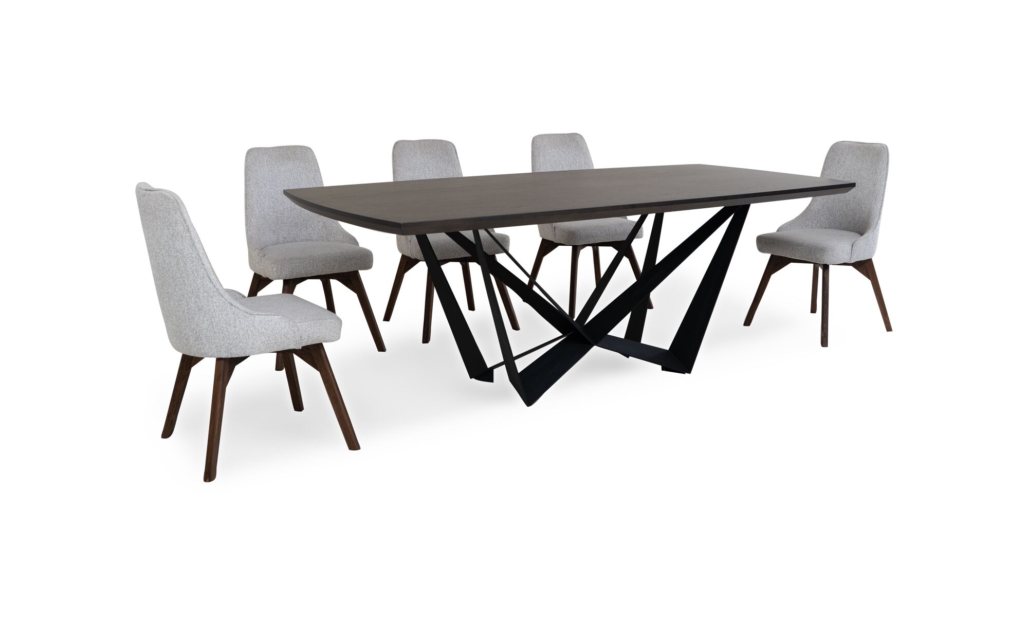 3,4 VERSALLES VELA Vista frontal de la Mesa Comedor Versalles con 8 sillas Vela de la marca Aristas. Un diseño rectangular clásico en madera color Ceniza, con las Sillas Vela de respaldo alto y líneas limpias en el color de tela Derza Plata.