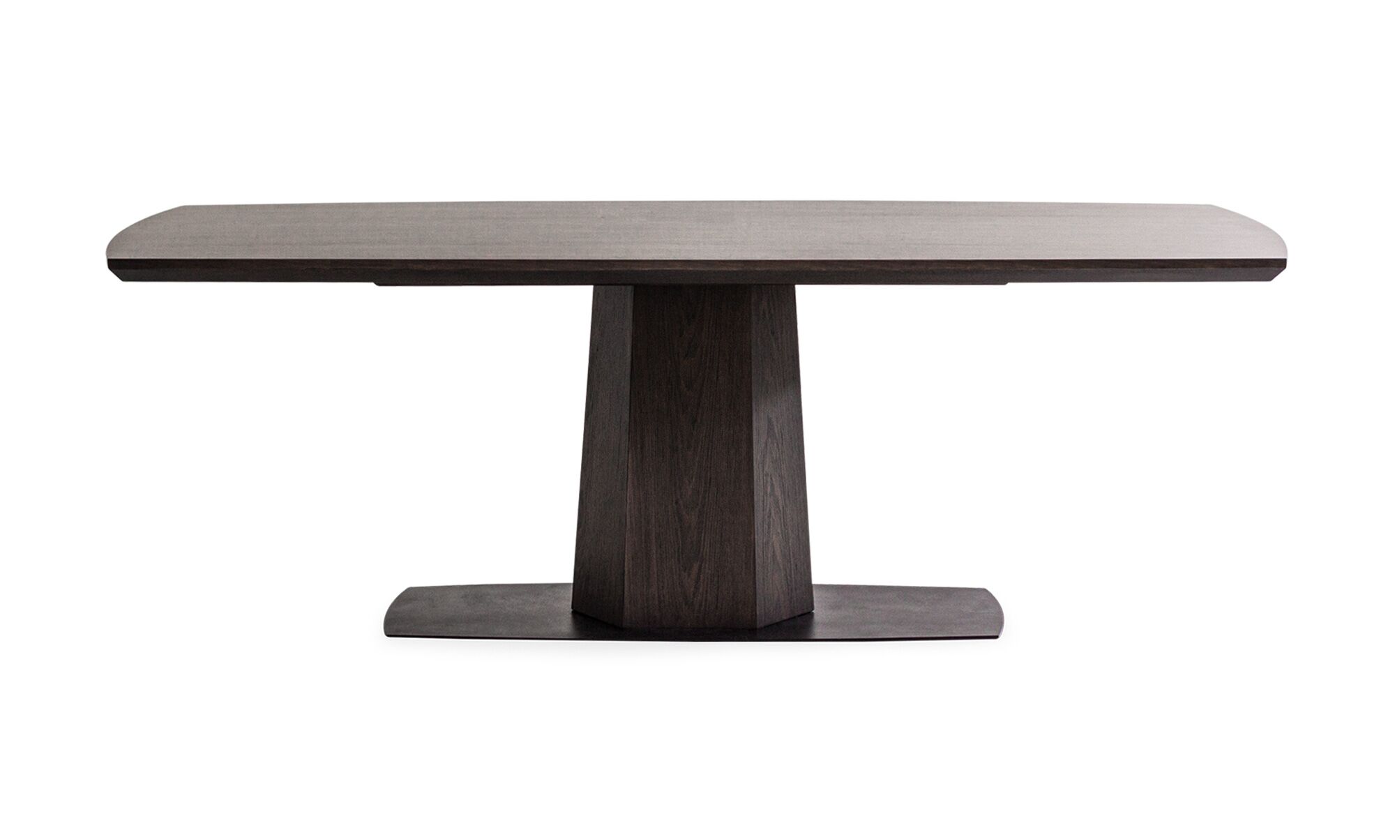 1.MESA-COMEDOR-NAPOLES-MADERA Mesa Comedor Nápoles de 8 puestos de la marca Aristas, vista frontal. La mesa cuenta con una superficie elegante y lisa, sostenida por una base robusta en madera color Chocolate.