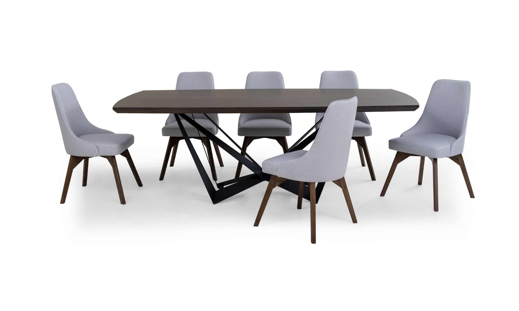 Comedor-Versalles-8-sillas-Vela-Frente-silla-volteada Vista frontal de la Mesa Comedor Versalles con 8 sillas Vela de la marca Aristas. La mesa presenta un diseño rectangular clásico en madera, con patas delicadas. Las sillas Vela, tienen un respaldo alto, líneas limpias y están sostenidas por patas rectas en madera.