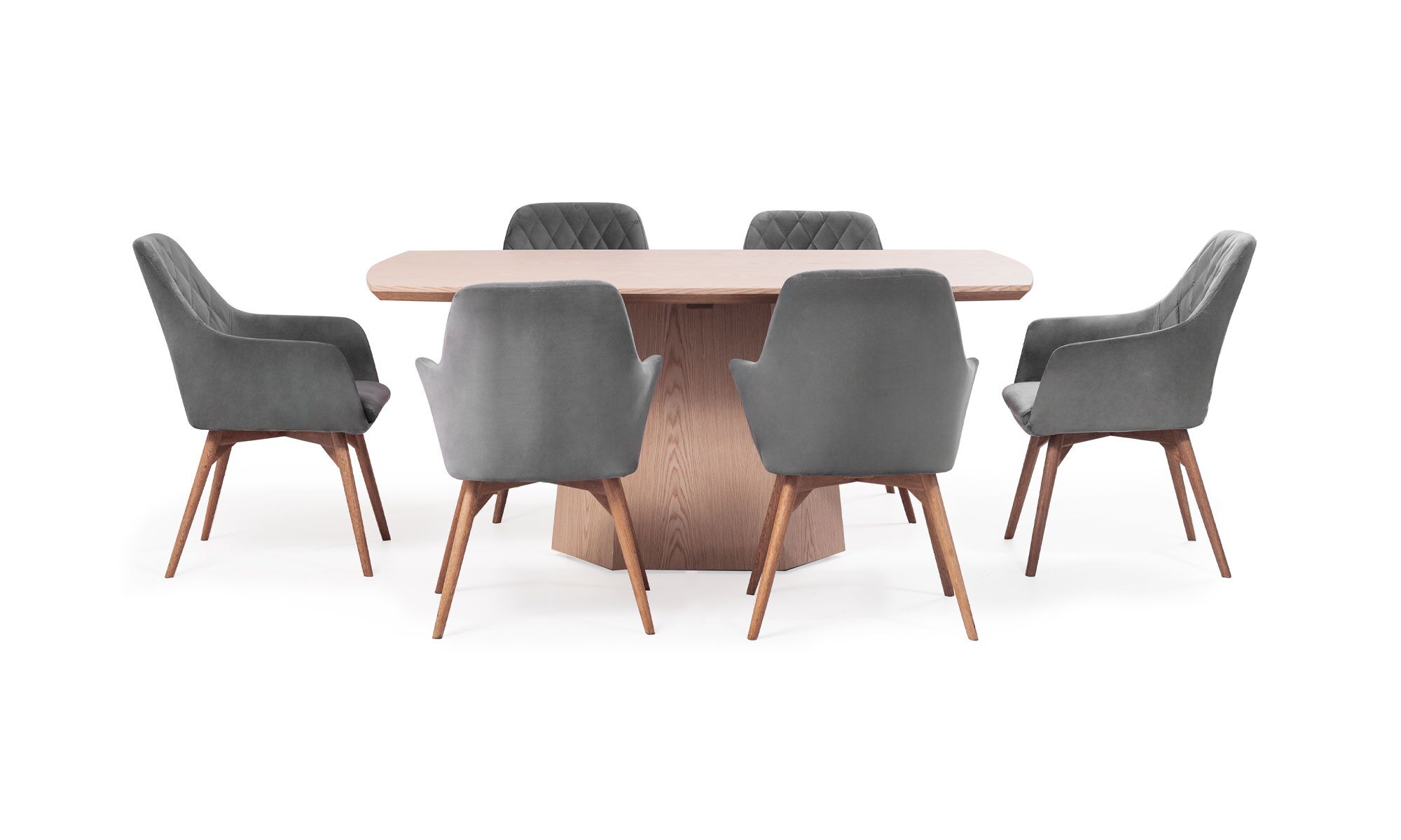 1.MESA-COMEDOR-MILANO-+-6-SILLAS-ODENSE Mesa Comedor Milano + 6 Sillas Odense de Aristas vista de frente. La mesa cuenta con una superficie rectangular curva, de líneas limpias y acabados pulidos, sostenida por una base de madera. Las sillas Odense tienen un respaldo acolchado y tapizado que complementa la elegancia del conjunto.