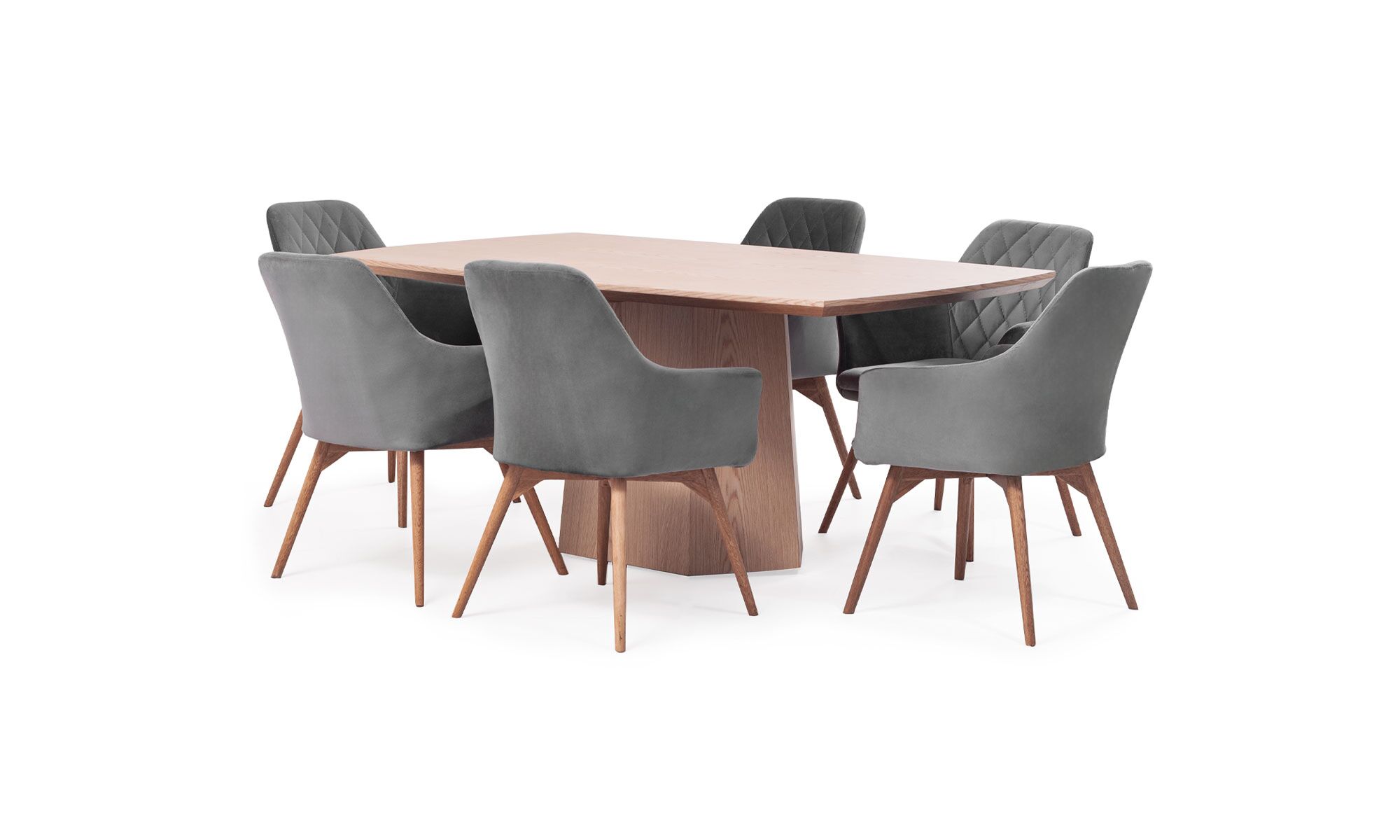 2.MESA-COMEDOR-MILANO-+-6-SILLAS-ODENSE Mesa Comedor Milano + 6 Sillas Odense de Aristas vista en diagonal. La mesa cuenta con una superficie de líneas limpias y acabados pulidos en madera de color Escandinavo. Las sillas Odense tienen un respaldo acolchado y tapizado en el color de tela Derza Plata, que complementa la elegancia del conjunto.