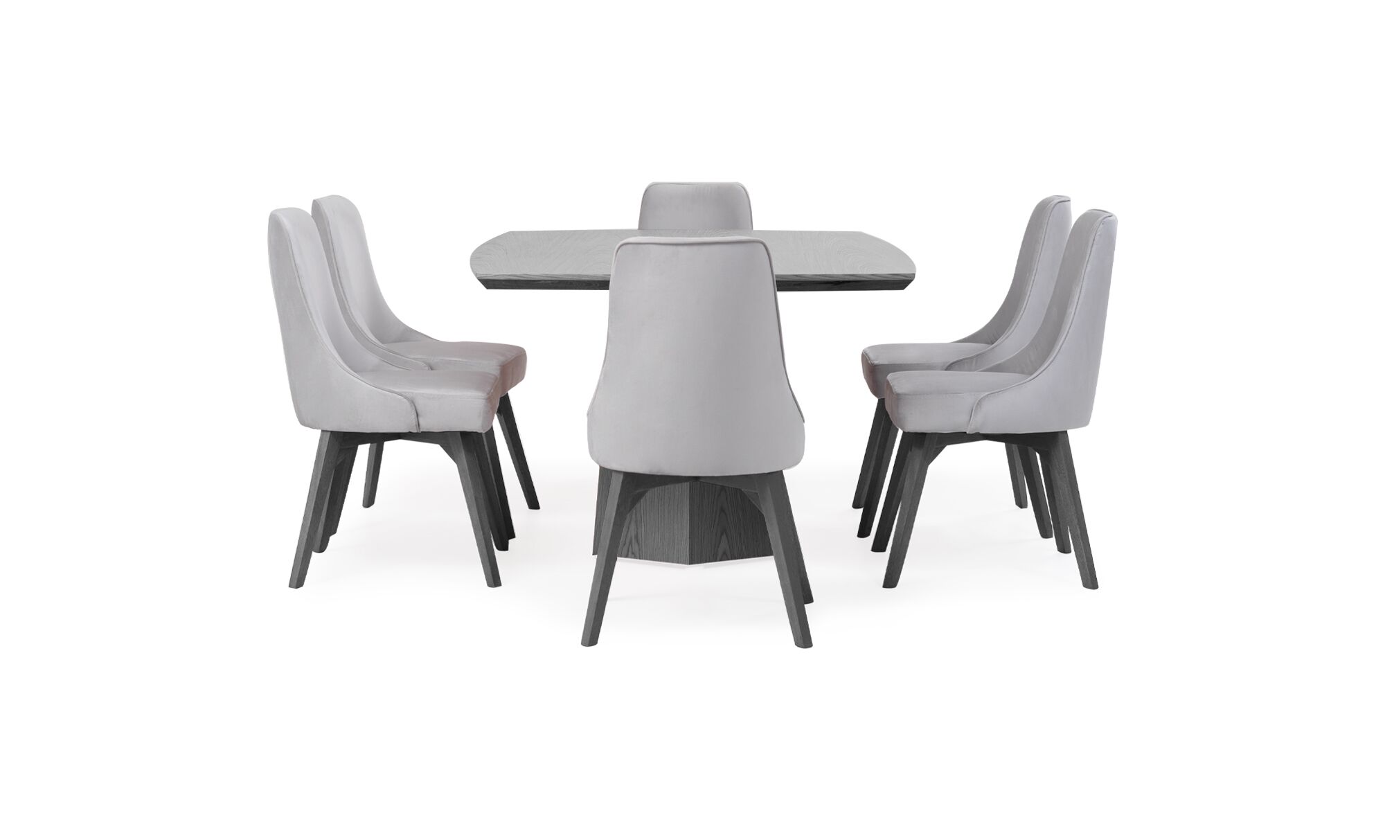 3.-Mesa-comedor-milano-6-sillas-vela Vista lateral de la Mesa Comedor Milano con 6 sillas Vela de la marca Aristas. La mesa presenta un diseño elegante y moderno, con una estructura robusta y acabados lisos en madera. Mientras que las sillas, con un respaldo alto y estilizado, brindan sofisticación al conjunto.
