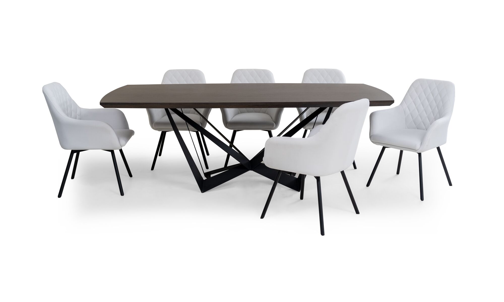 Versalles-8-sillas-odense Mesa de Comedor Versalles con 8 Sillas Odense de la marca Aristas, vista frontal. La mesa presenta un diseño elegante con una superficie amplia en madera color Chocolate y una base moderna de líneas rectas. Las sillas Odense, tienen un tapizado en tonos neutros y están sostenidas por patas metálicas.