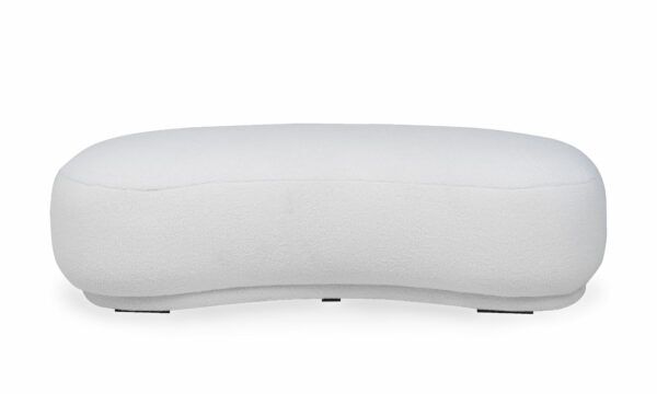 Vista frontal del Puff Bolonia de la marca Aristas. Un diseño cilíndrico con una superficie lisa y acabado en tela color Boucle Blanco.