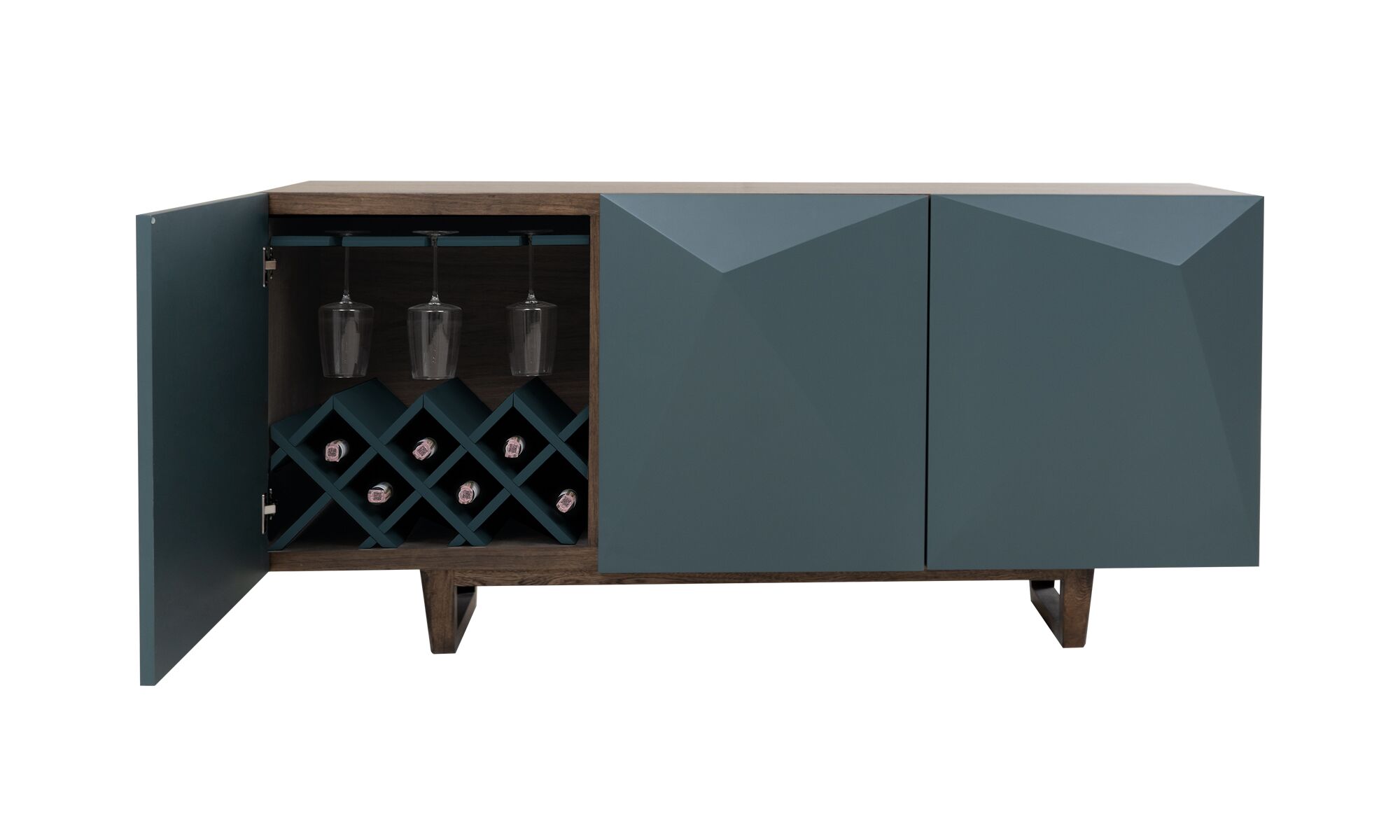 frente-CON-CAvA (1) Vista frontal del Aparador Versalles Roble + Cava de la marca Aristas. Presenta un diseño sofisticado de líneas rectas en roble europeo. Tiene tres compartimentos cerrados con puertas lisas, sin tiradores visibles de color Royal Blue, y una cava integrada en su interior.