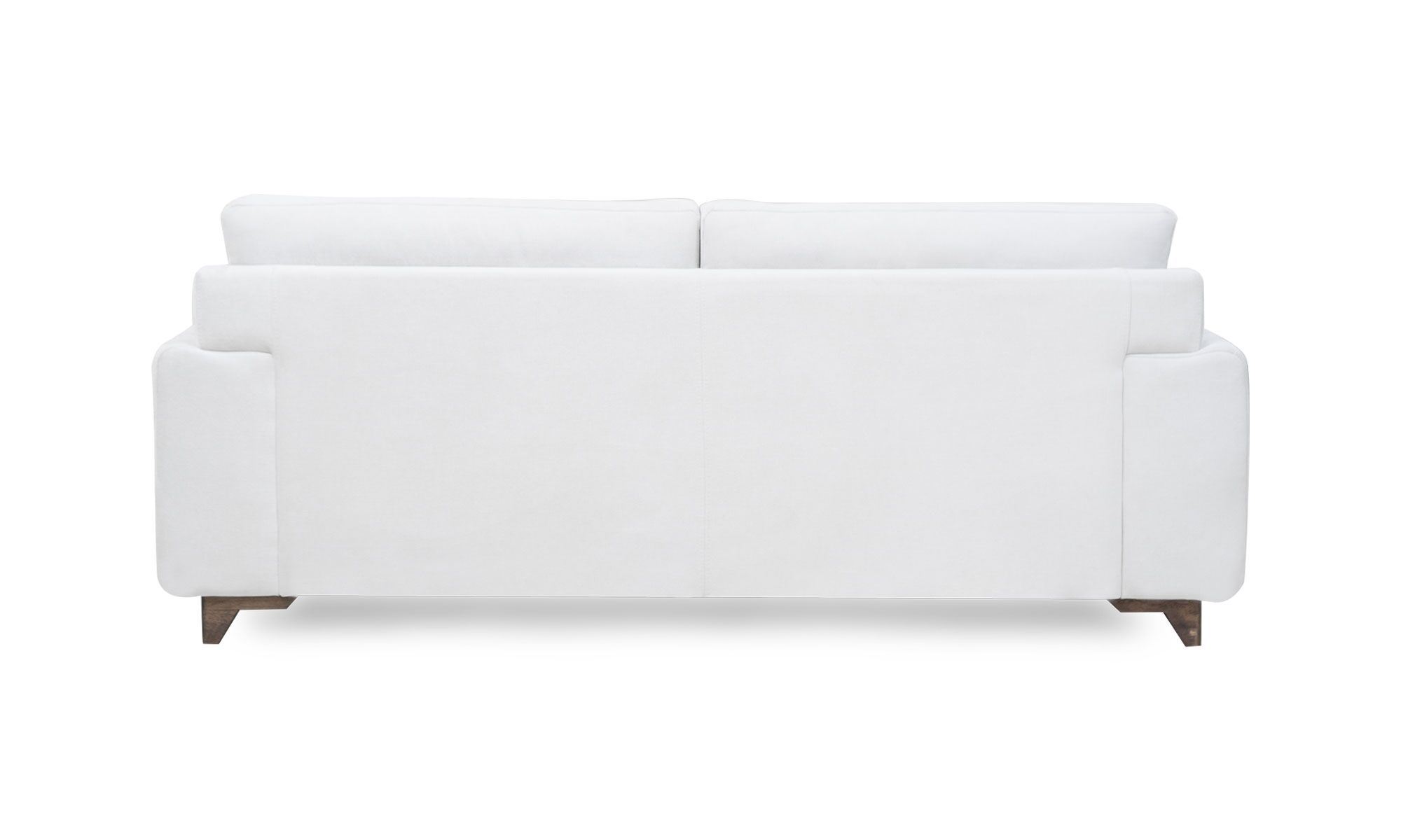 parte-trasera venetto Vista posterior del Sofá Venetto de la marca Aristas. Presenta un diseño elegante y moderno en el color de tela Nobuck Marfil con cojines amplios y patas delgadas que elevan ligeramente la estructura.