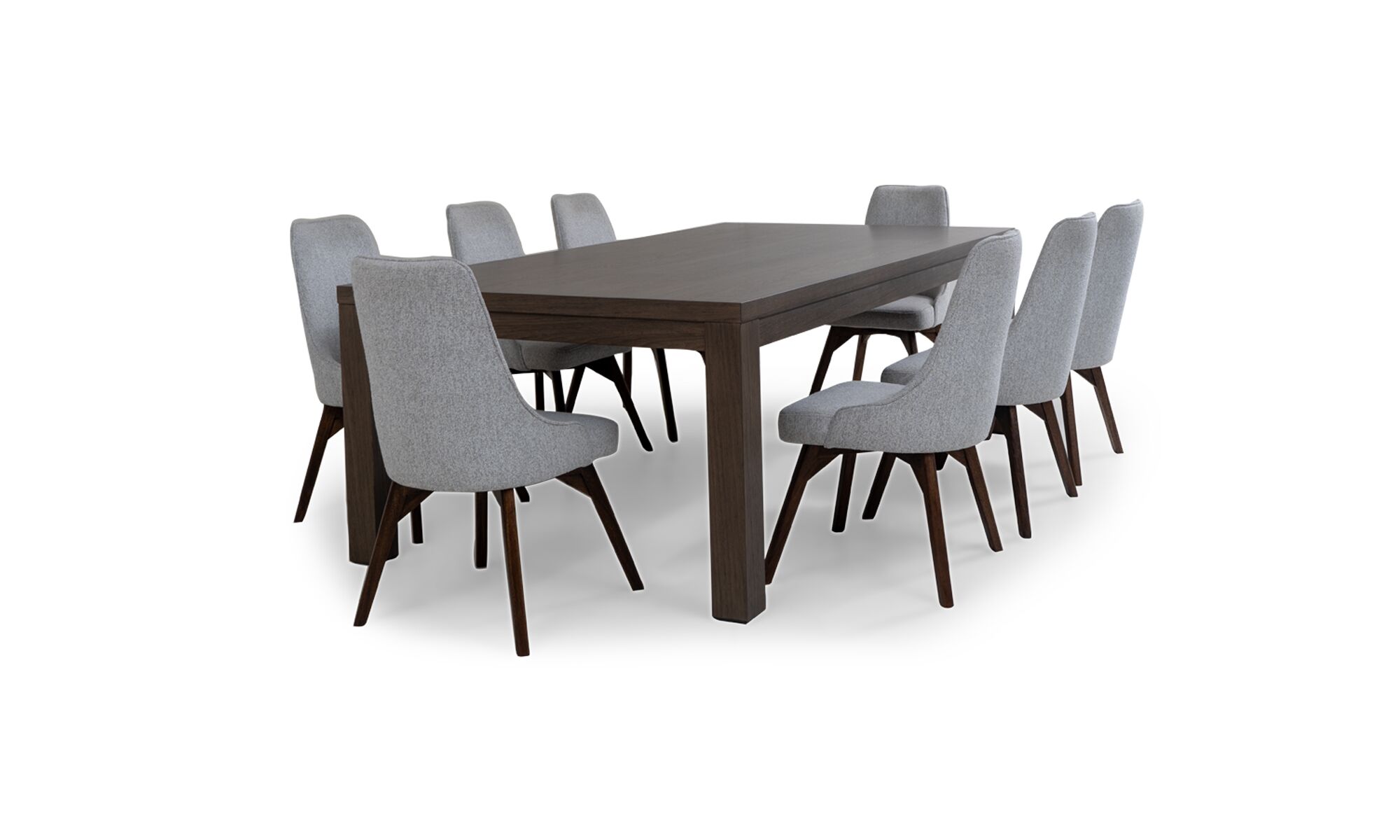 3,4 N. PARSON VELA Vista diagonal de la Mesa de Comedor New Parson con 8 sillas Vela de la marca Aristas. La mesa presenta un diseƱo clƔsico con una superficie rectangular y patas rectas en madera. Mientras que las sillas Vela complementan el conjunto con respaldos altos y un tapizado de color neutro.