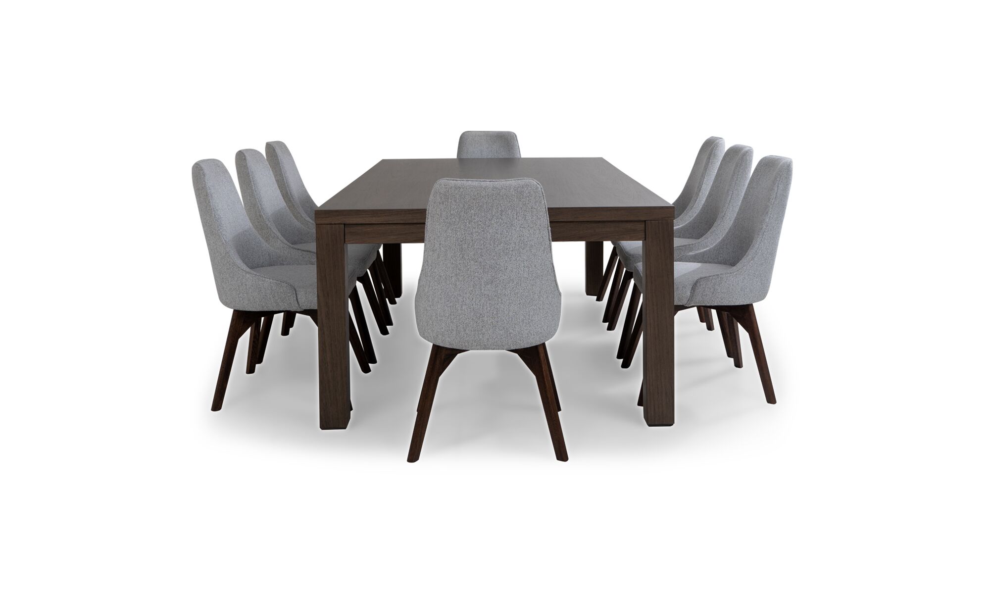 Vertical N. PARSON VELA Vista lateral de la Mesa de Comedor New Parson con 8 sillas Vela de la marca Aristas. La mesa presenta un diseƱo moderno de lĆneas rectas en madera color Chocolate, mientras que las sillas, con un tapizado suave y respaldo alto, complementan el conjunto.