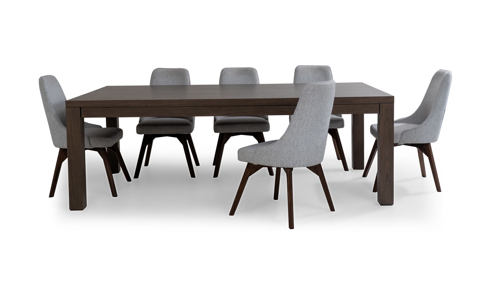 horizontal N. PARSON VELA Vista frontal de la Mesa de Comedor New Parson con 8 sillas Vela de la marca Aristas. La mesa presenta un diseƱo elegante en madera color Chocolate y, las sillas Vela, tienen un respaldo alto, asiento acolchado y un tapizado en tela suave.