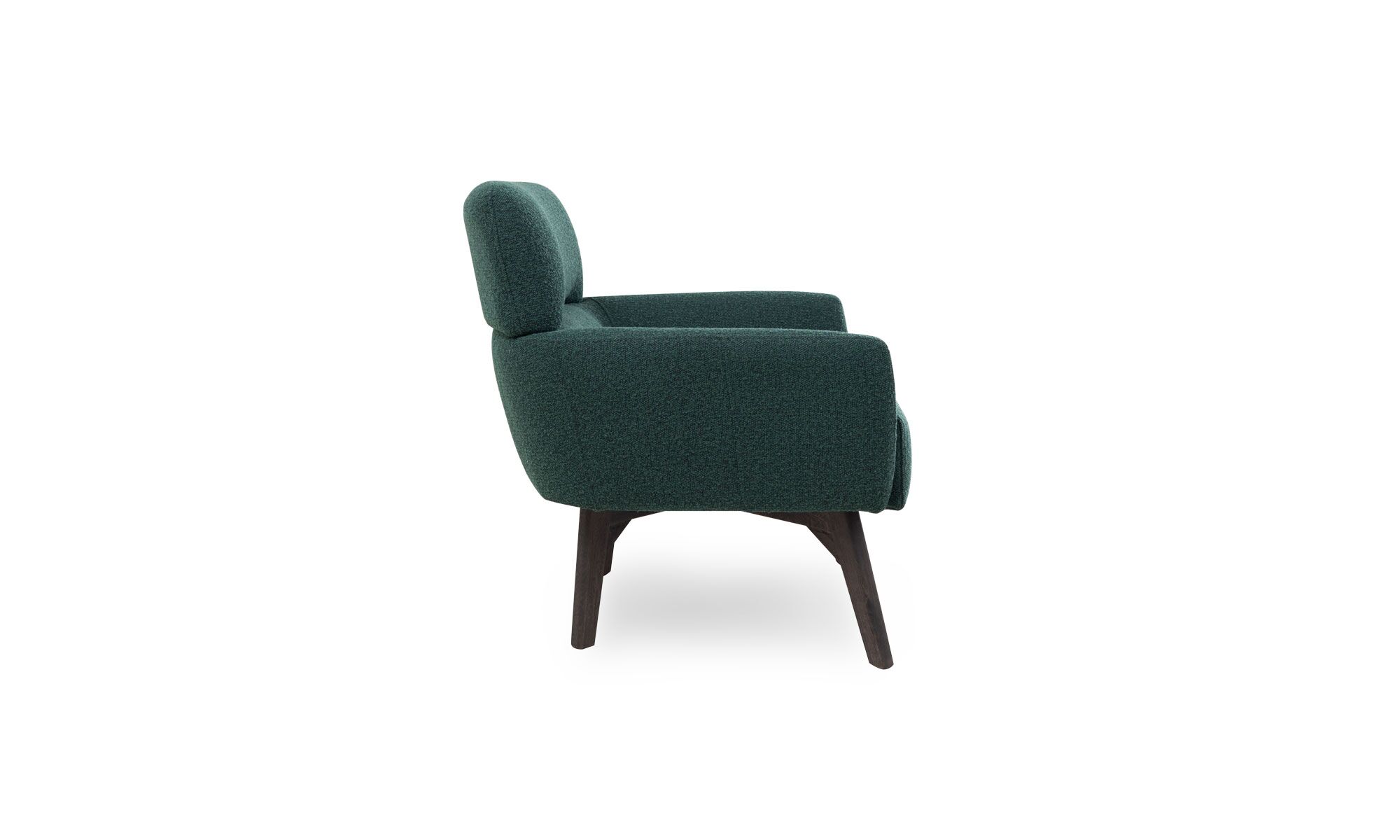 lado monstreal boston Vista lateral de la Poltrona Montreal Plus de Aristas. Un diseño contemporáneo y acolchado en tela color Nobuck Marino, con patas en madera color Chocolate.