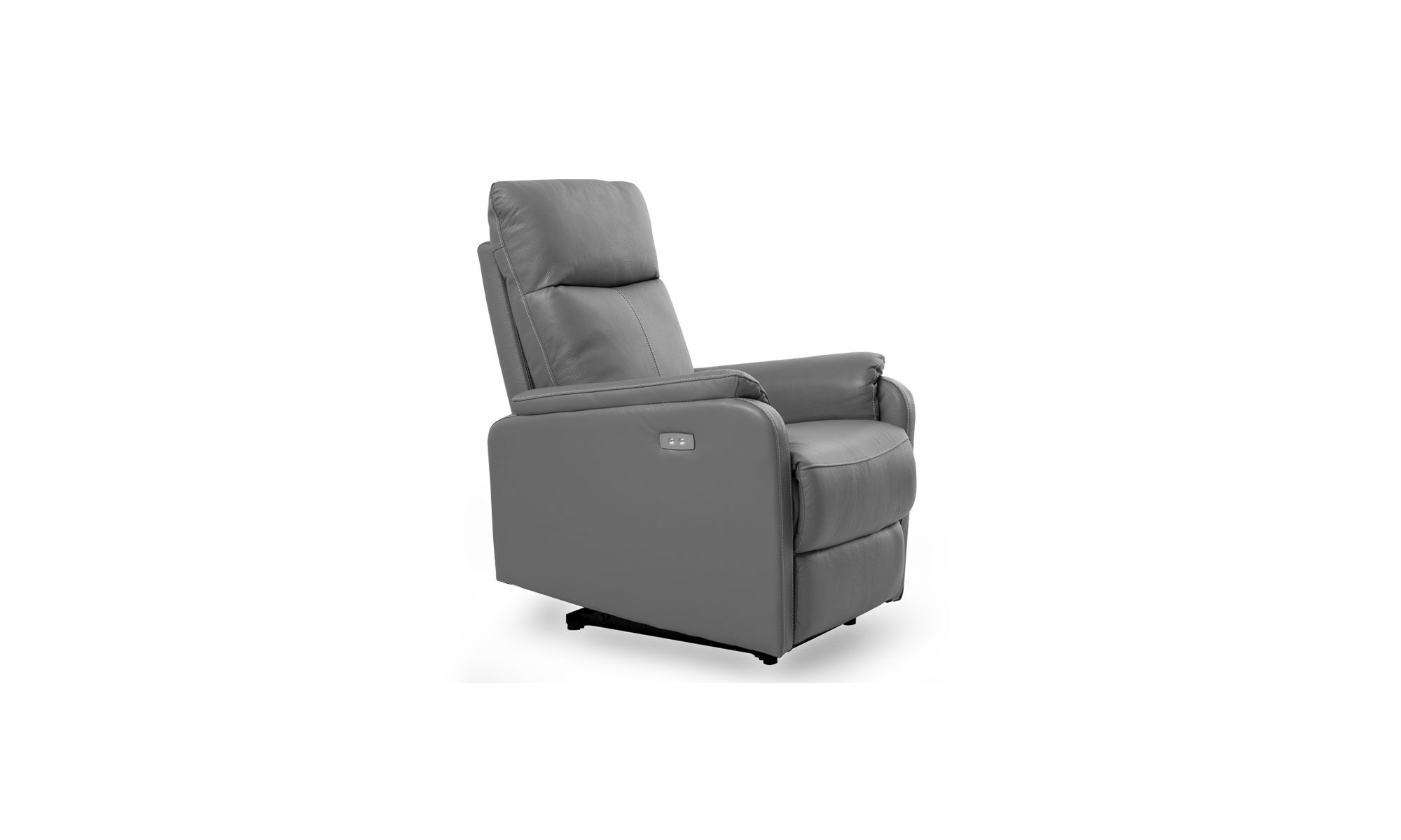 3,4 Vista diagonal de la Poltrona Reclinable Eléctrica Yb737 Cuero Imp de Aristas. Un diseño moderno y elegante, con un respaldo alto, acolchado y ajustable en Cuero Gris Yb.