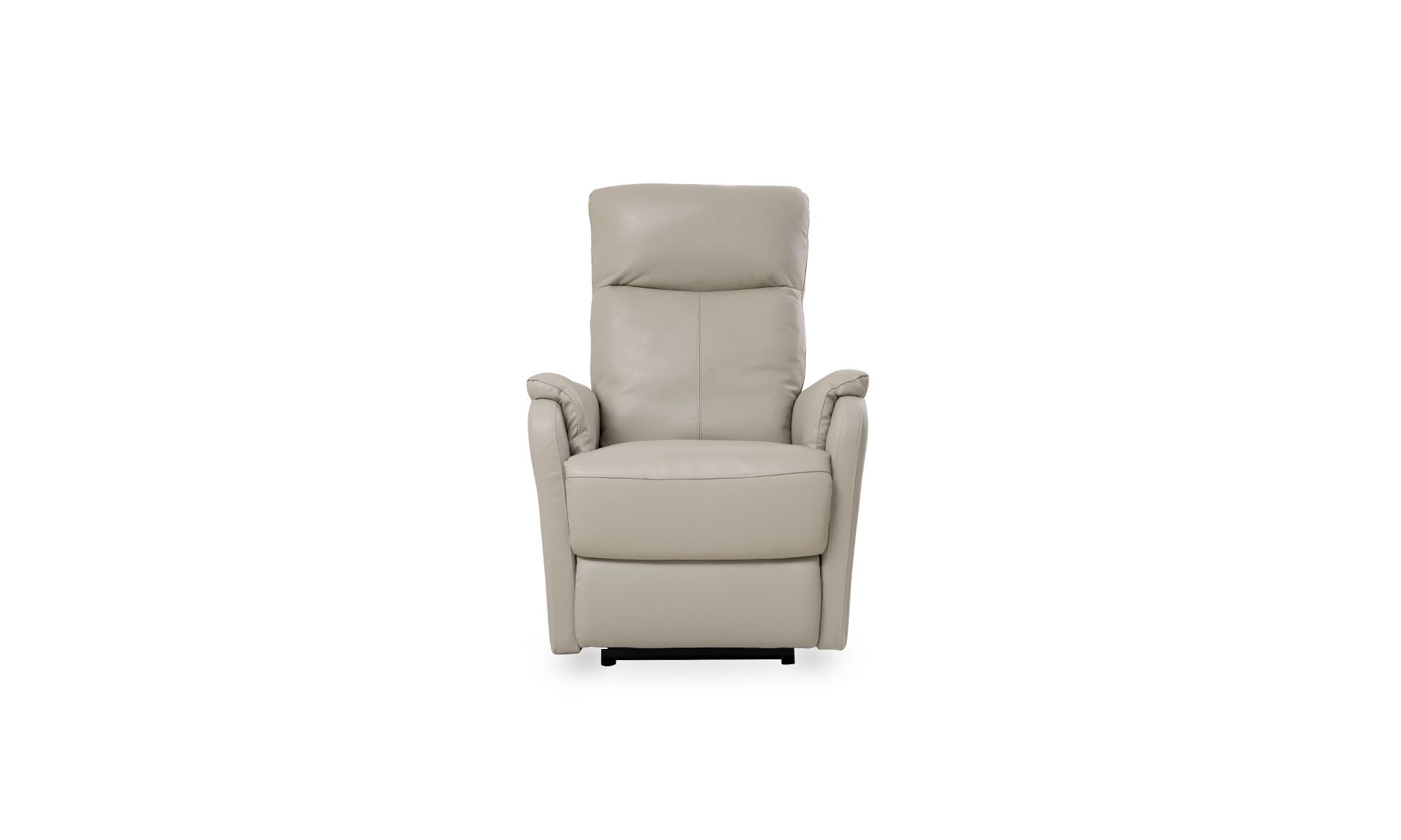 Frente Vista frontal de la Poltrona Reclinable Eléctrica en cuero, de Aristas. Esta poltrona reclinable eléctrica, presenta un diseño ergonómico y contemporáneo, con reposabrazos amplios y un respaldo alto y acolchado.