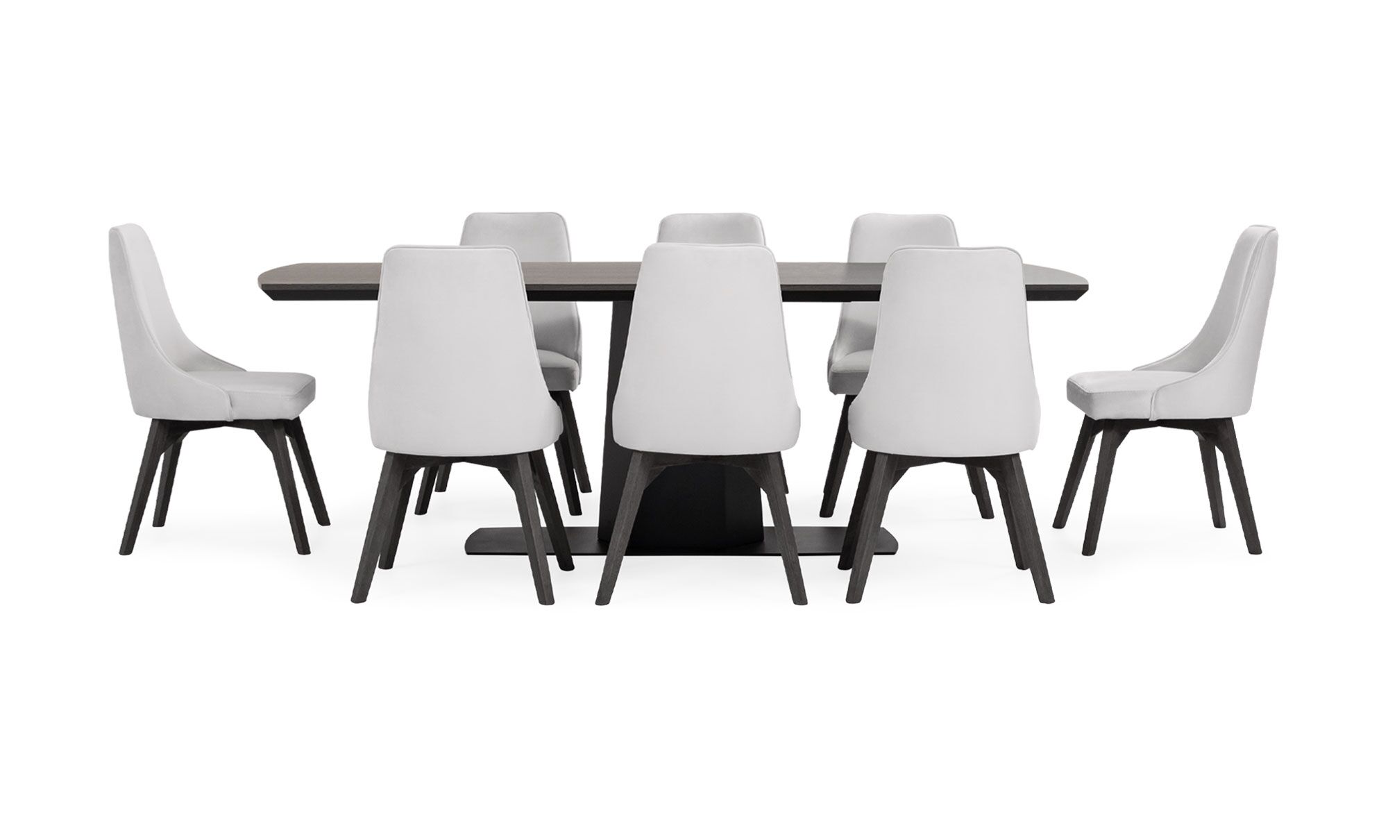1.MESA-COMEDOR-NAPOLES-MADERA-8-SILLAS-VELA Vista frontal de la Mesa Comedor Nápoles con 8 sillas Vela de la marca Aristas. La mesa tiene un diseño rectangular en madera color Ceniza, sostenida por una base robusta y moderna. Las sillas, presentan respaldo alto y un tapizado en tela suave.