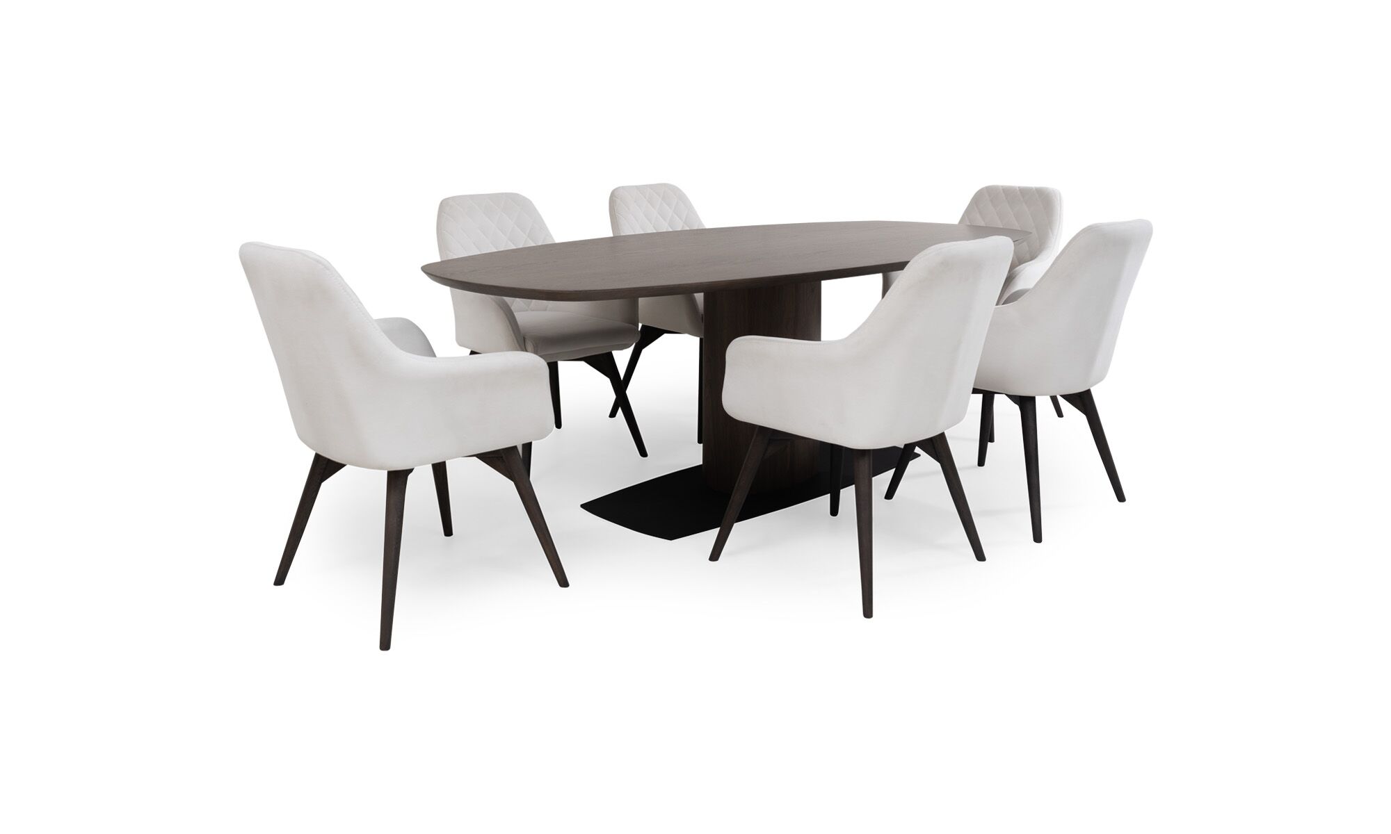 3,4 2 NIZA ODENSE Vista diagonal de la Mesa de Comedor Niza con 6 sillas Odense de la marca Aristas. La mesa presenta un diseño elegante en madera color Ceniza. las sillas Odense, tienen líneas elegantes y un tapizado suave.