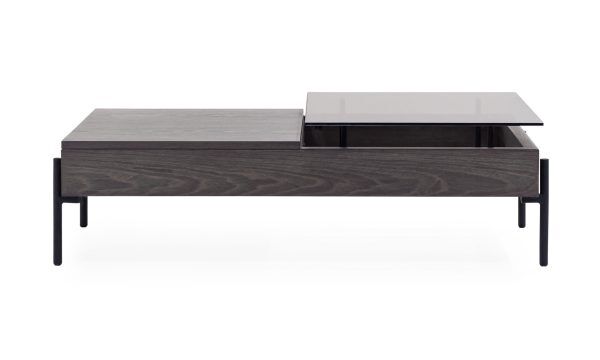 Vista frontal de la Mesa de Centro Maia Plus rectangular de la marca Aristas. Un diseño moderno y contemporáneo con una estructura robusta en madera color Ceniza y una superficie de vidrio.