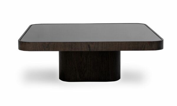 Vista frontal de la Mesa de Centro Roma Cuadrada de la marca Aristas. Un diseño moderno y elegante de líneas curvas que presenta una superficie en espejo, sostenida por una base robusta.