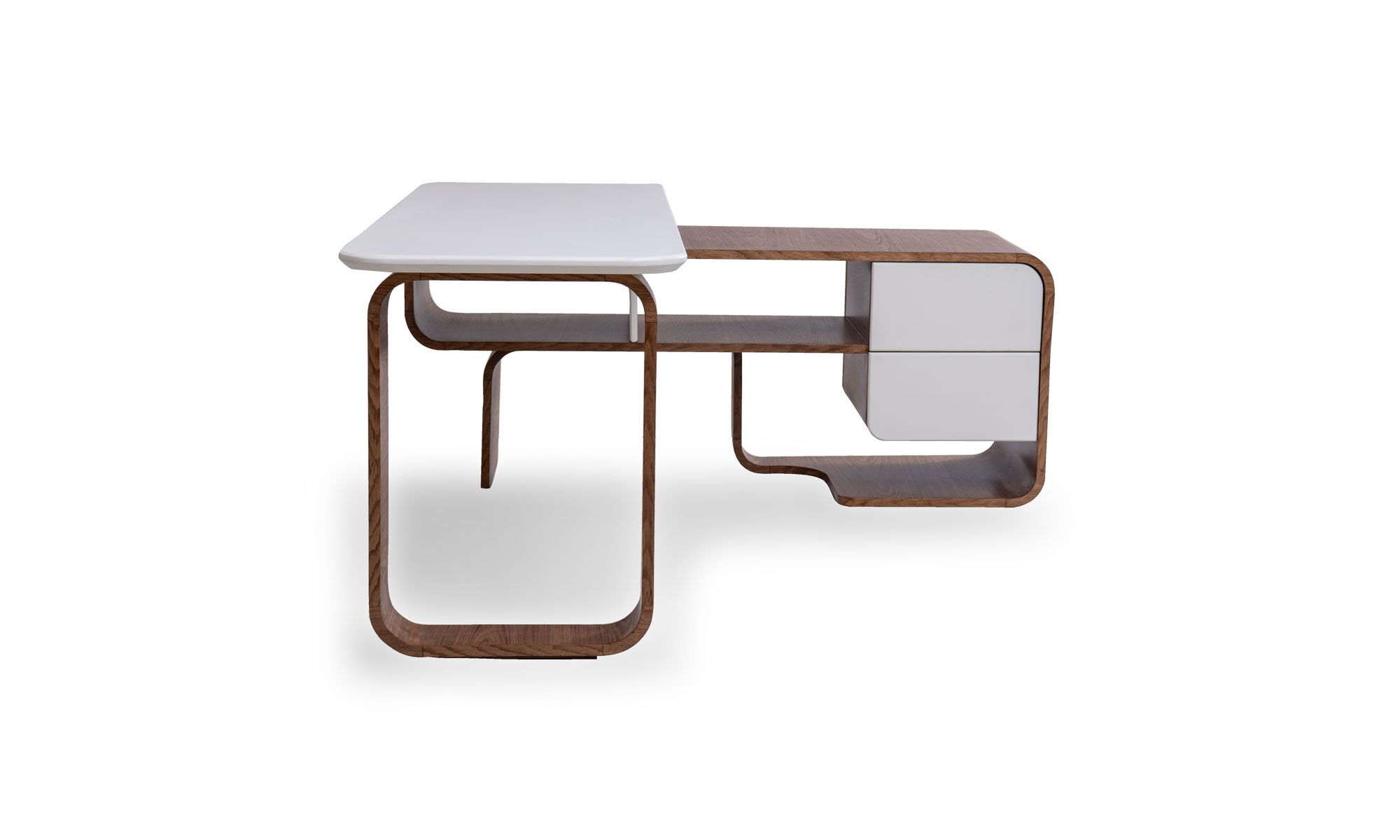 frente nordico Escritorio Madrid en L con tapa sólida de la marca Aristas visto en perspectiva lateral. Un diseño con una estructura en forma de "L", una superficie plana y lisa y un acabado uniforme que resalta su estilo minimalista.