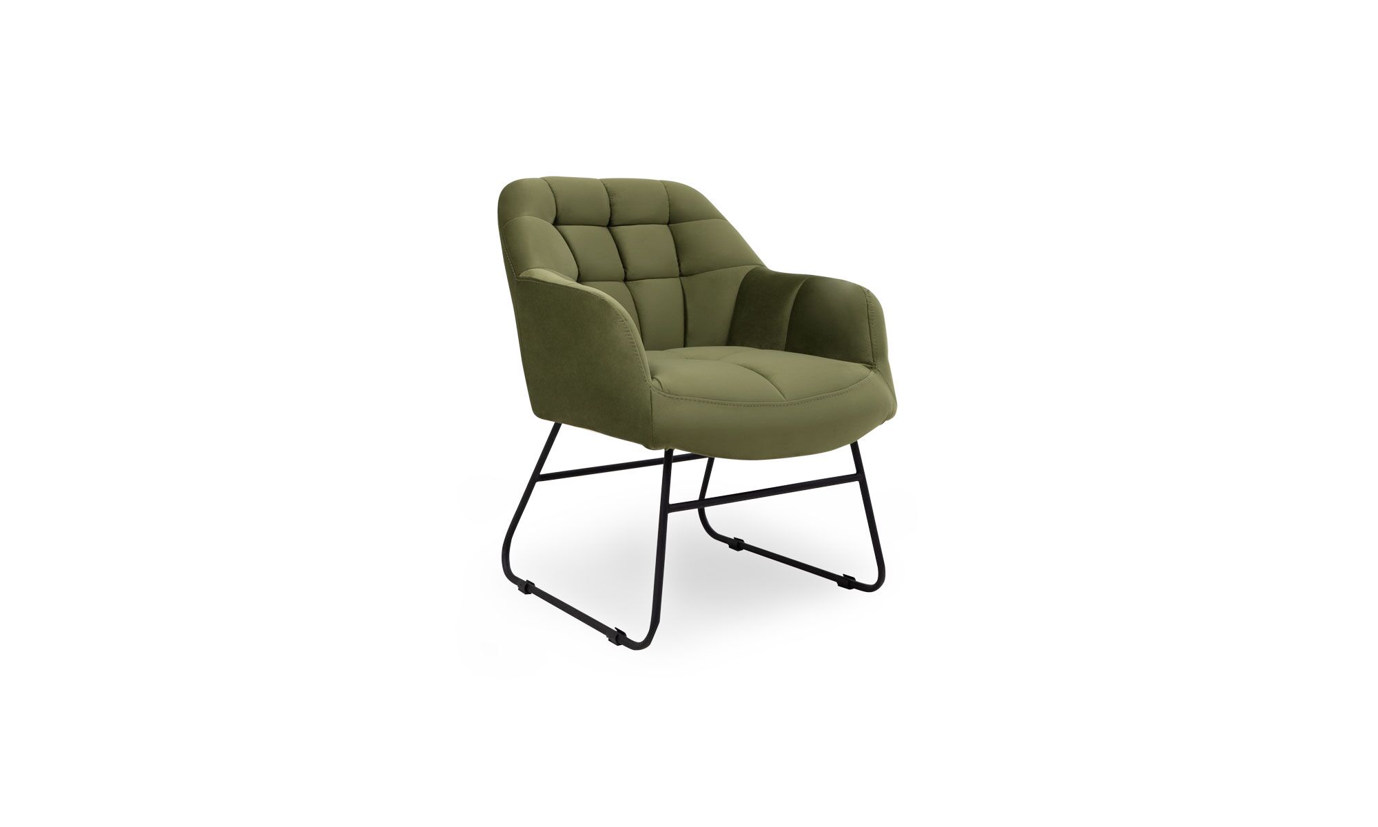 3,4 HANNA Vista diagonal de la Silla Auxiliar Axel de la marca Aristas. Presenta un diseño moderno y minimalista, con un respaldo ligeramente curvado y acolchado en el color de tela Dickens Verde Oliva. La estructura cuenta con patas metálicas delgadas que aportan un estilo elegante y ligero.