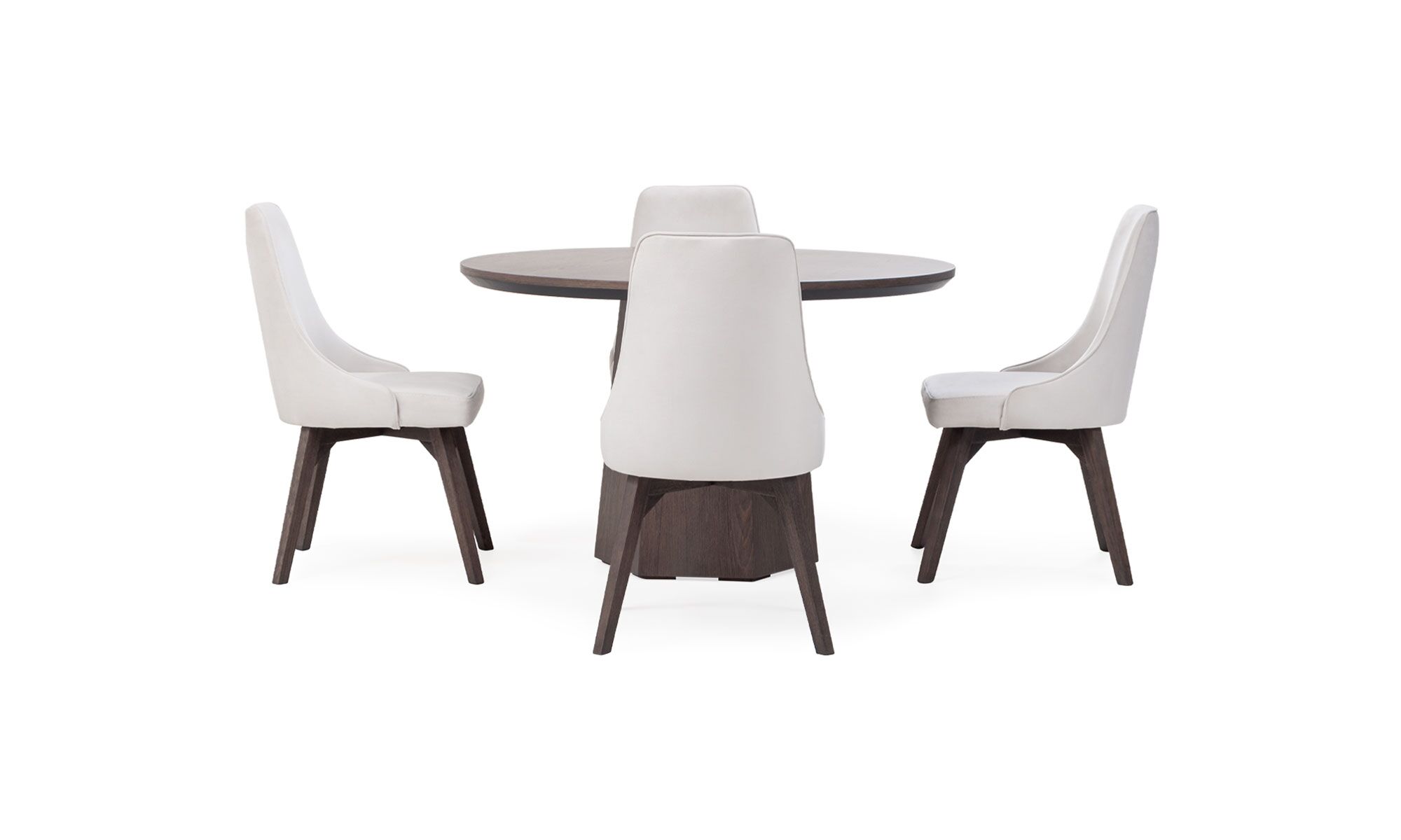 1.MESA-COMEDOR-MILANO-REDONDA-4-SILLAS-VELA Mesa Comedor Milano redonda con 4 sillas Vela de la marca Aristas, vista en cruz. La mesa presenta una superficie circular en madera, sostenida por una base central de diseño contemporáneo. Las sillas Vela tienen un estilo elegante con respaldo curvo y acabado en tela suave.