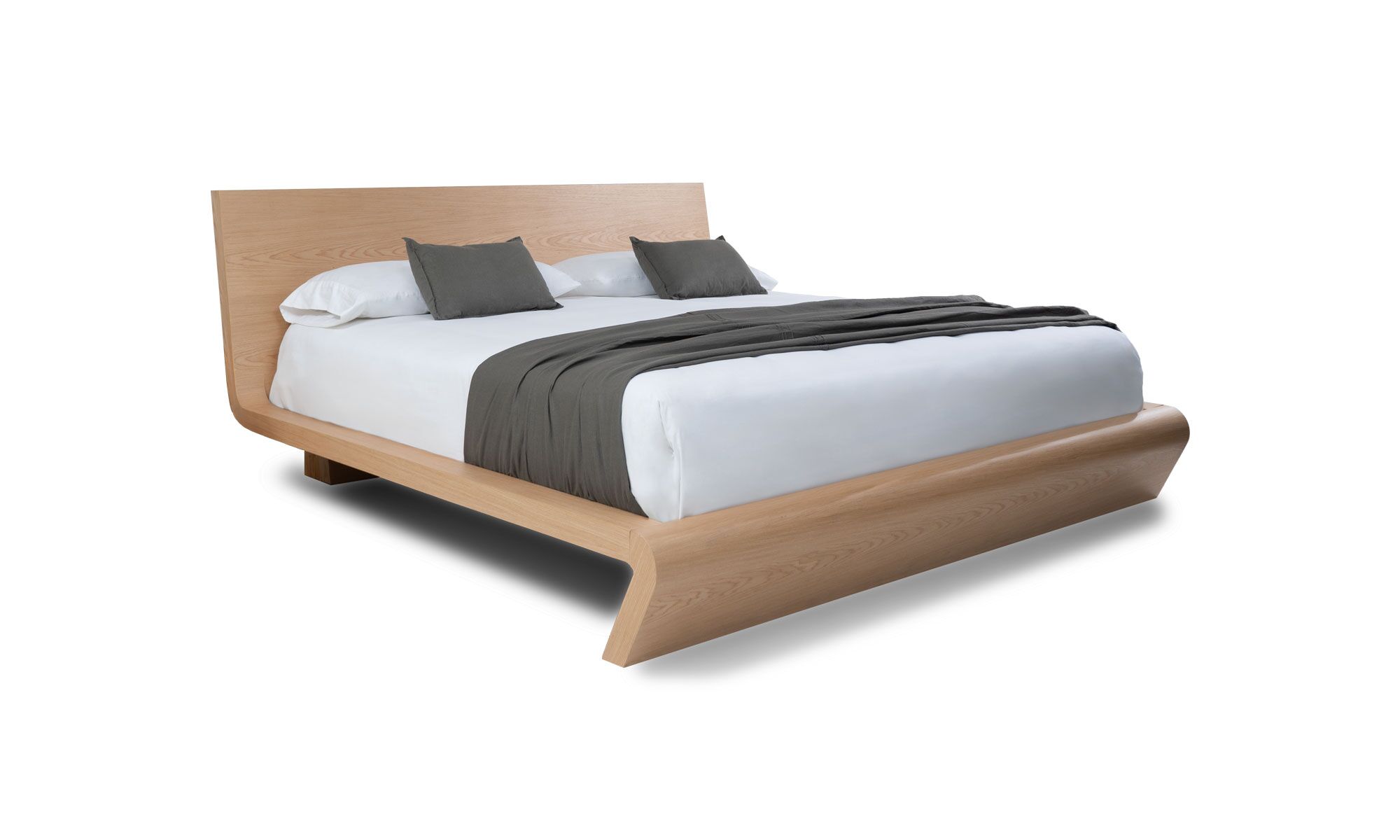 3,4-cama-ese-sin-nochero ESE Vista diagonal de la Cama Ese de la marca Aristas. Presenta un diseño minimalista y elegante de líneas limpias con un espaldar amplio en madera color Escandinavo.