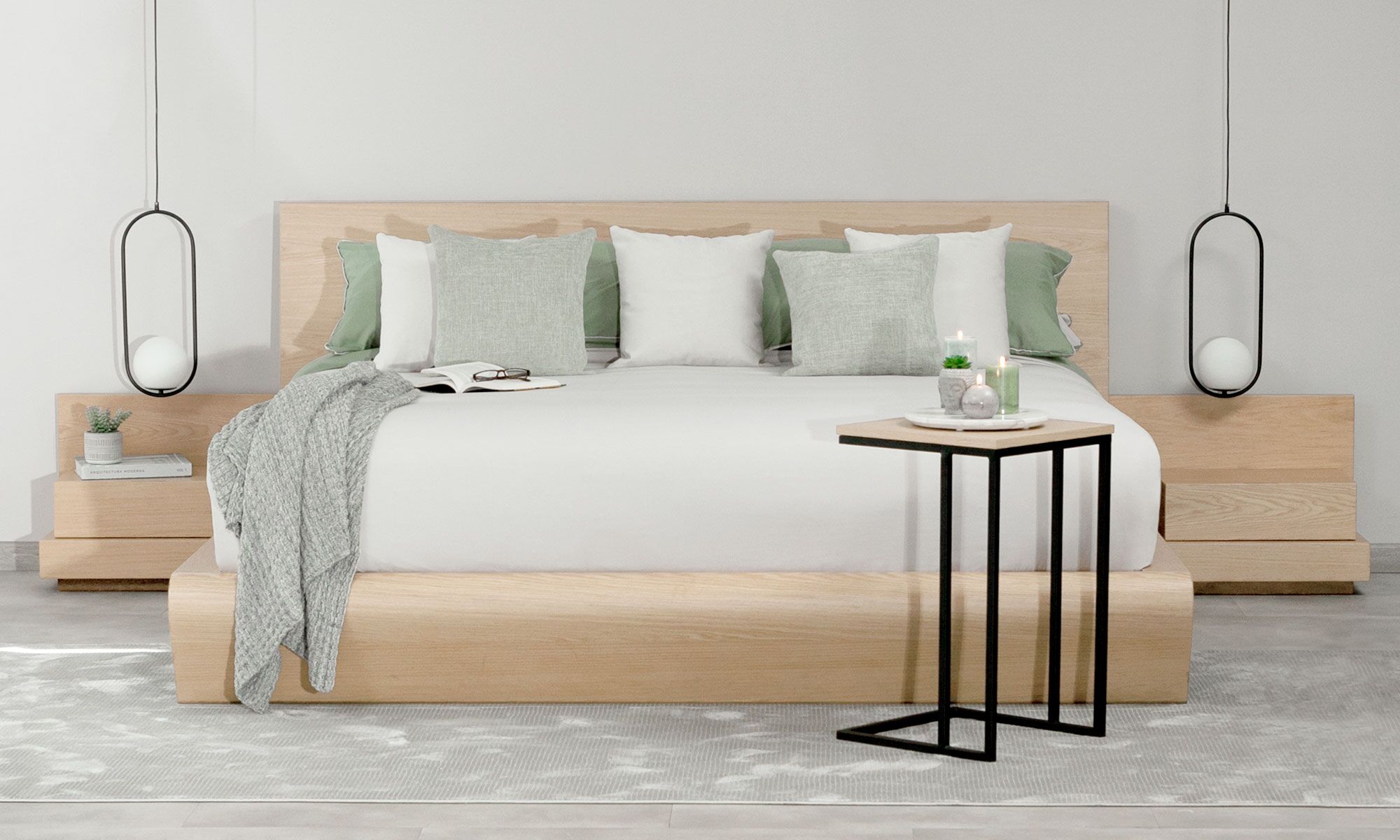 CAMA-S Vista frontal de la Cama Ese de Aristas. Presenta un diseño minimalista y moderno con una estructura de líneas limpias y un espaldar bajo y amplio en madera.
