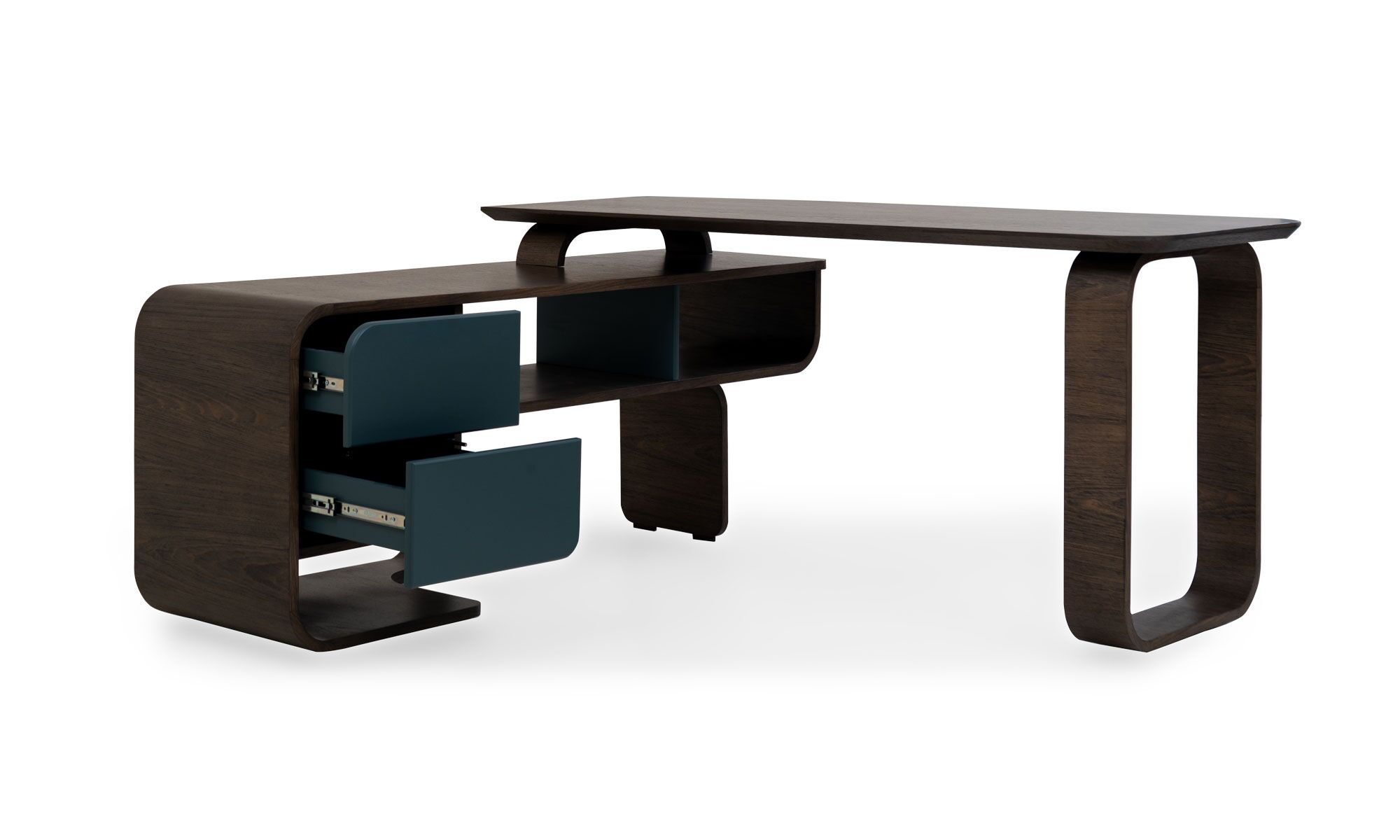 3,4-cajon-afuera Escritorio Madrid en L Tapa Roble de Aristas visto en diagonal. Un diseƱo moderno y funcional con una superficie en forma de "L" con acabado en roble color Ceniza.