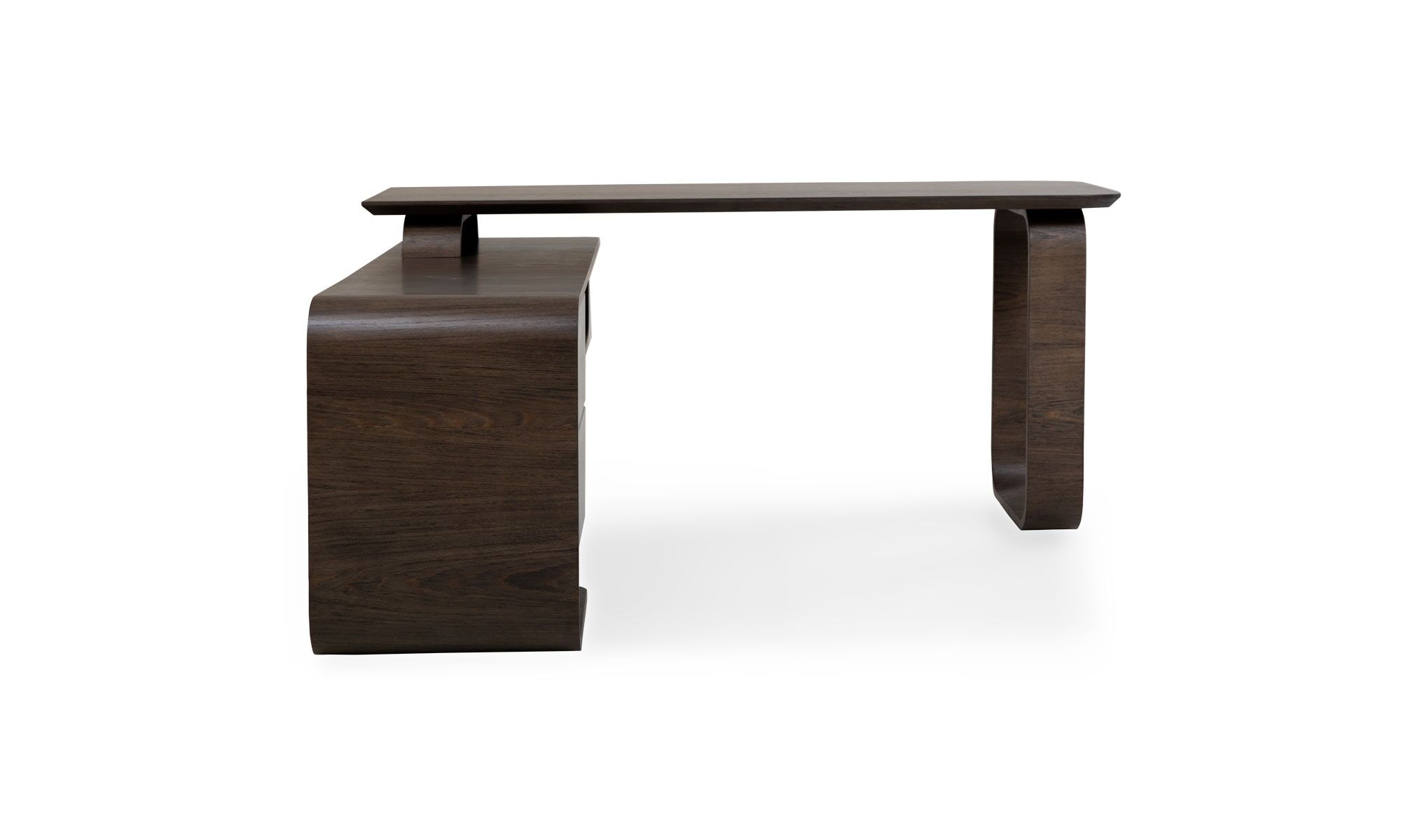 lado Escritorio Madrid en L Tapa Roble de la marca Aristas visto en perspectiva lateral. Un diseƱo moderno y funcional en forma de "L" que ofrece una amplia superficie de trabajo con acabado en madera color Olmo.