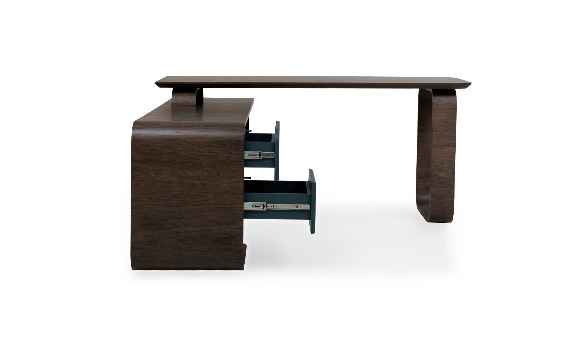 lado-cajon-abierto Escritorio Madrid en L Tapa Roble de la marca Aristas visto en perspectiva lateral. Un diseƱo en forma de "L" que ofrece una amplia superficie de trabajo con acabado en madera color olmo, aportando un estilo cƔlido y natural.