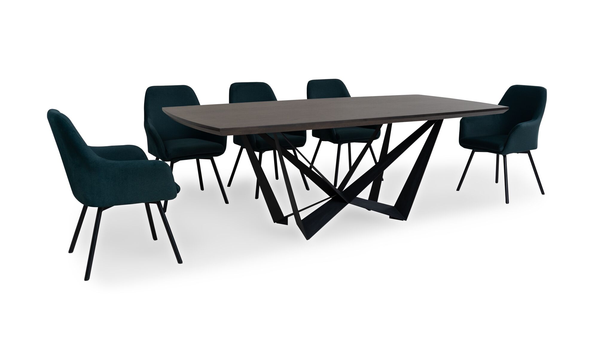 3,4 VERSALLES TURIN PN Mesa Comedor Nápoles con 8 Sillas Turín P/N de la marca Aristas vista en diagonal. La mesa tiene una forma rectangular de acabado liso en madera color Ceniza, y, las sillas Turín cuentan con un respaldo alto y acolchado de color Nobuck Marino.