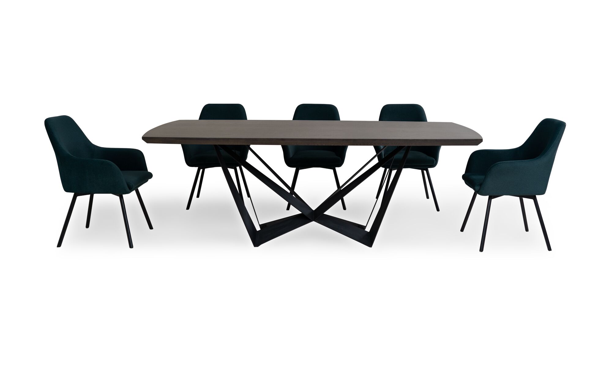 Comedor Versalles + sillas turin p_n v Mesa Comedor Versalles con 8 sillas Turín P/N de la marca Aristas vista en perspectiva frontal. La mesa presenta un diseño con una superficie rectangular en madera color chocolate, bordes lisos y patas robustas. Las sillas cuentan con respaldos altos y asientos acolchados de color Nobuck Marino.