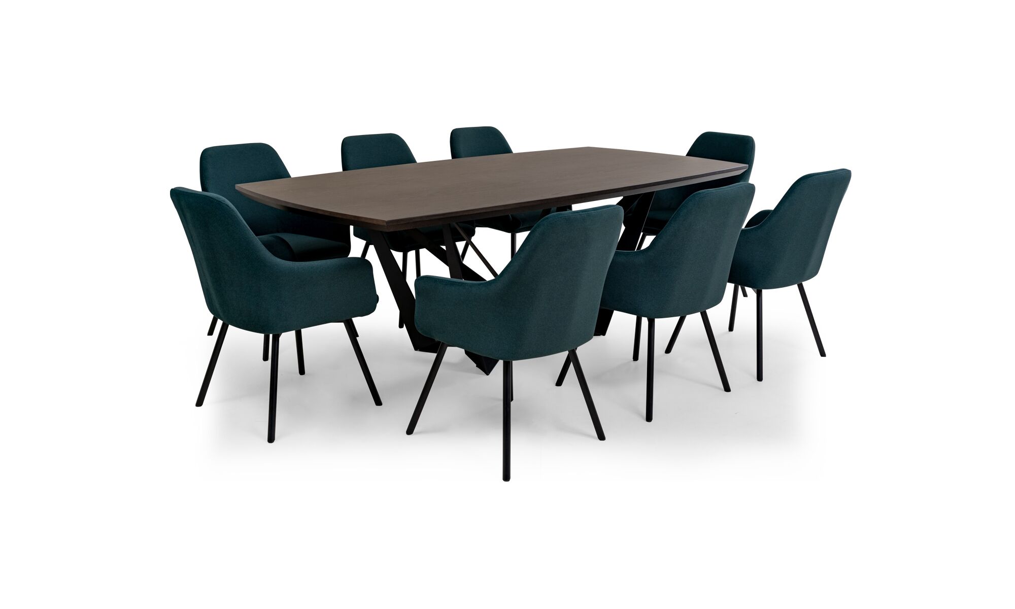 Comedor-versalles-+-8-sillas-turin-pn-3,4 Mesa Comedor Versalles con 8 sillas Turín P/N de la marca Aristas vista en perspectiva diagonal. La mesa presenta un diseño con una superficie rectangular, bordes lisos y patas robustas. Las sillas cuentan con respaldos altos y rectos, asientos acolchados y patas rectas.