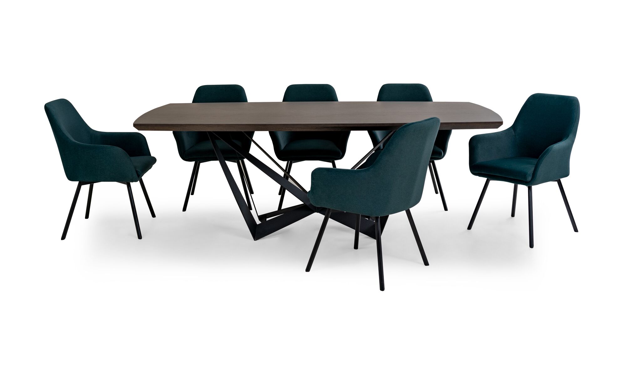 Comedor-versalles-+-8-sillas-turin-pn-lado-silla-afuera Mesa Comedor Versalles con 8 sillas Turín P/N de la marca Aristas vista en perspectiva frontal. La mesa presenta un diseño con una superficie rectangular en madera color Chocolate y patas metálicas que le dan un toque moderno y elegante. Las sillas cuentan con respaldos altos y curvados tapizados en el color de tela Nobuck Marino.