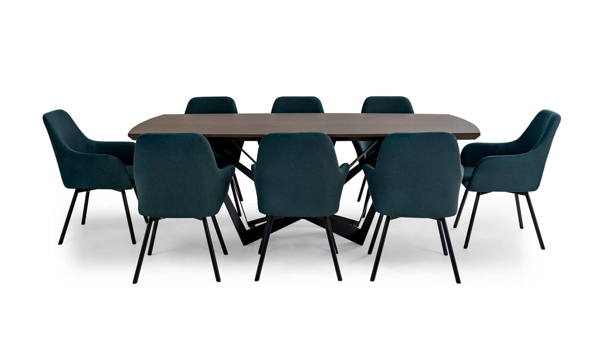 Comedor-versalles-+-8-sillas-turin-pn-lado Mesa Comedor Versalles con 8 sillas Turín P/N de la marca Aristas vista en perspectiva frontal. La mesa presenta un diseño con una superficie rectangular en madera color Chocolate, bordes lisos y patas robustas. Las sillas cuentan con respaldos altos y rectos en el color de tela Nobuck Marino.