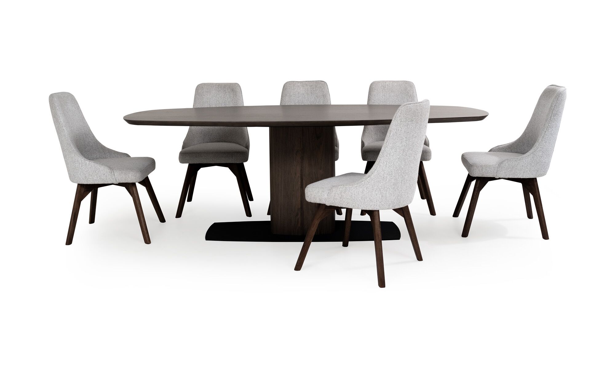 Frente 6 NIZA 8 VELA Vista frontal de la Mesa de Comedor Niza con 8 sillas Vela de la marca Aristas. La mesa presenta una superficie amplia y una base robusta en madera. Las sillas Vela, complementan el conjunto con su respaldo alto y líneas curvas.