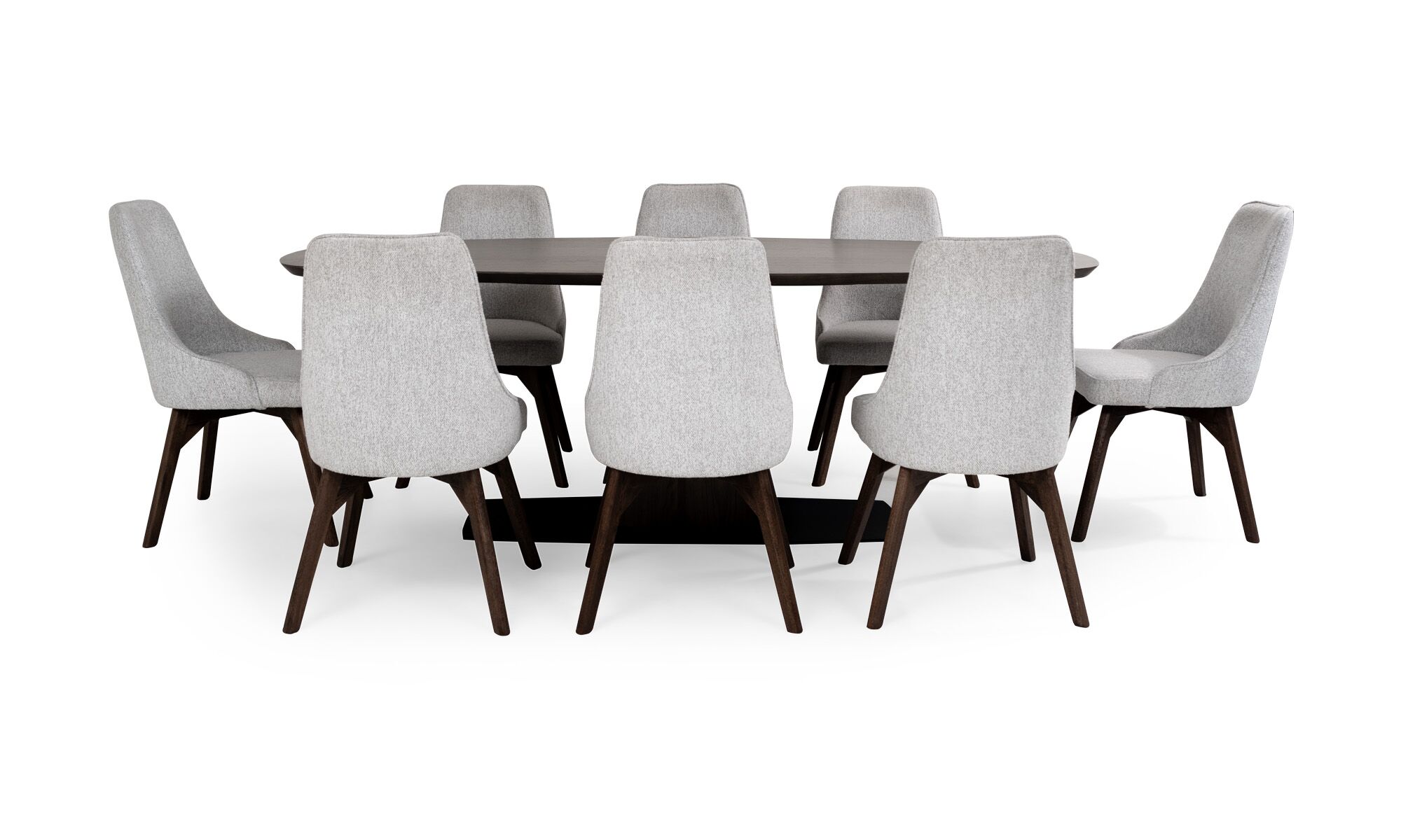 Frente 8 NIZA 8 VELA Vista frontal de la Mesa de Comedor Niza con 8 sillas Vela de la marca Aristas. La mesa presenta una superficie amplia y plana en madera, sostenida por una base robusta. Las sillas Vela , con un respaldo alto y patas delgadas, complementan el conjunto.