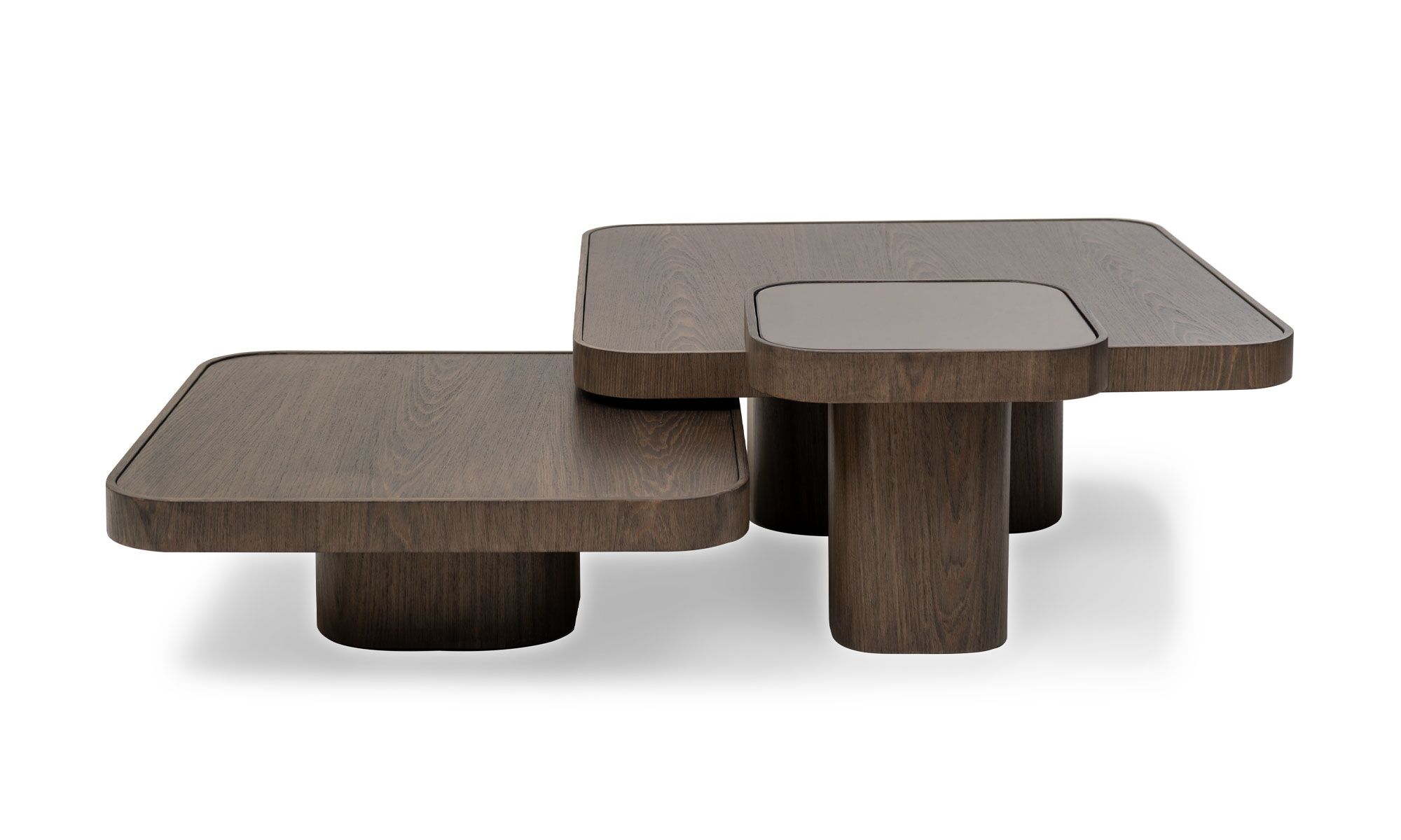 frente roma Vista frontal del Juego de Mesa Centro Roma de la marca Aristas. Diseños modernos y versátiles, con superficies en madera color Olmo y bases robustas.