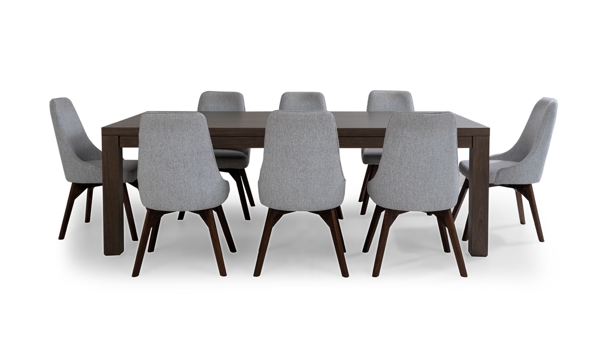 horizontal-completa N. PARSON VELA Vista frontal de la Mesa de Comedor New Parson con 8 sillas Vela de la marca Aristas. La mesa presenta un diseƱo rectangular y elegante, y, las sillas Vela, tienen un respaldo alto, tapizado en tela suave y patas anguladas en madera color Chocolate.