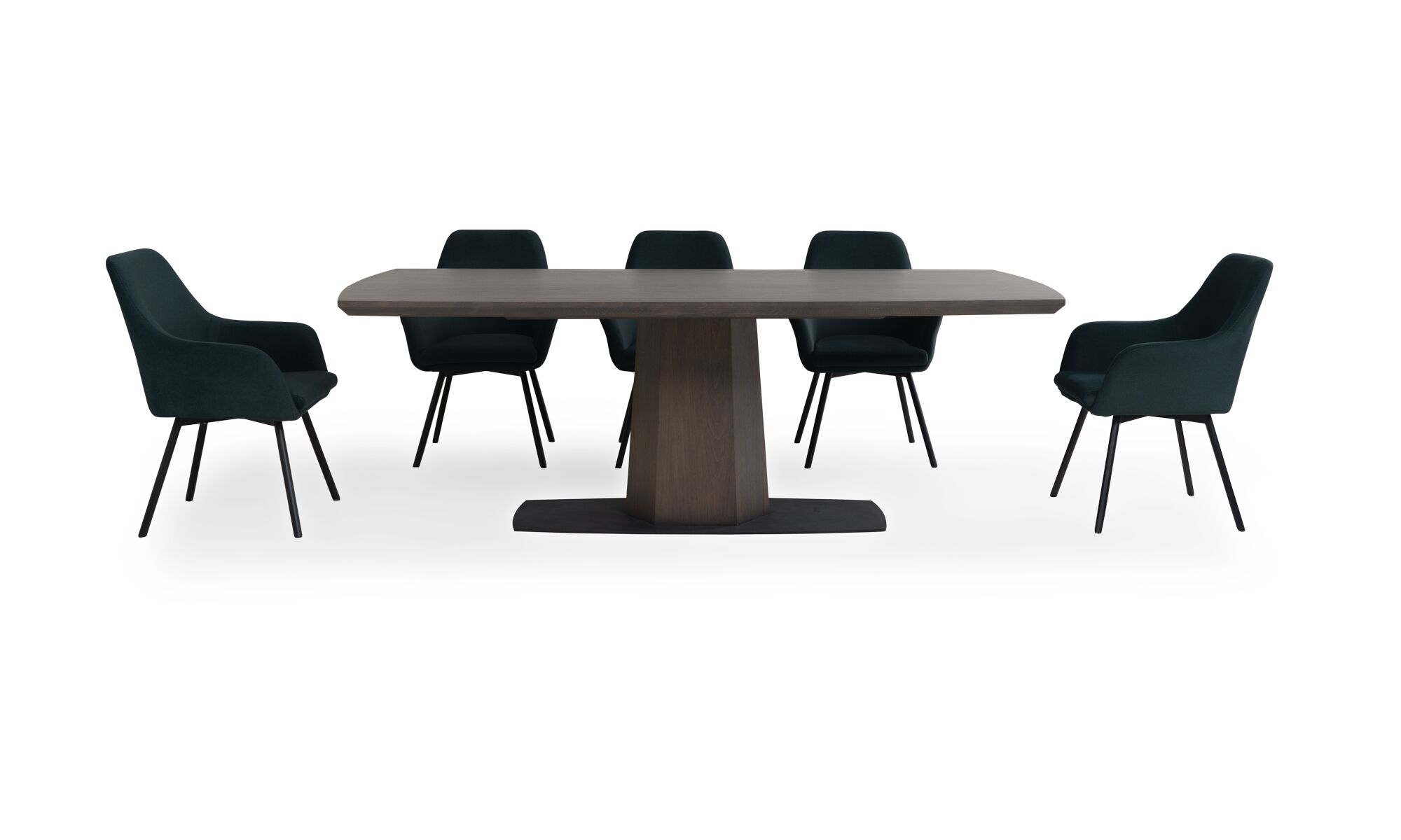 frente napoles turin Mesa Comedor Nápoles con 8 Sillas Turín de la marca Aristas vista frontal. La mesa tiene un diseño rectangular con un soporte grueso y las sillas Turín presentan un respaldo alto y curvado, con asientos en el color de tela Nobuck Marino.