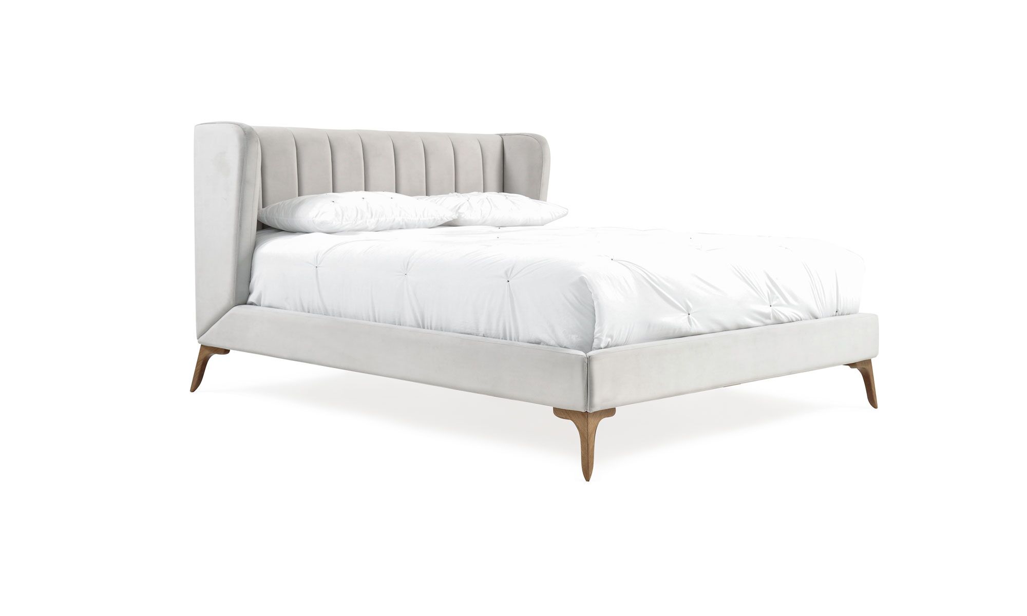 2-Cama-Florencia Cama Florencia de la marca Aristas vista en perspectiva diagonal. Un diseño elegante de líneas limpias, con un cabecero alto, un acabado en tela suave y patas delicadas en madera.