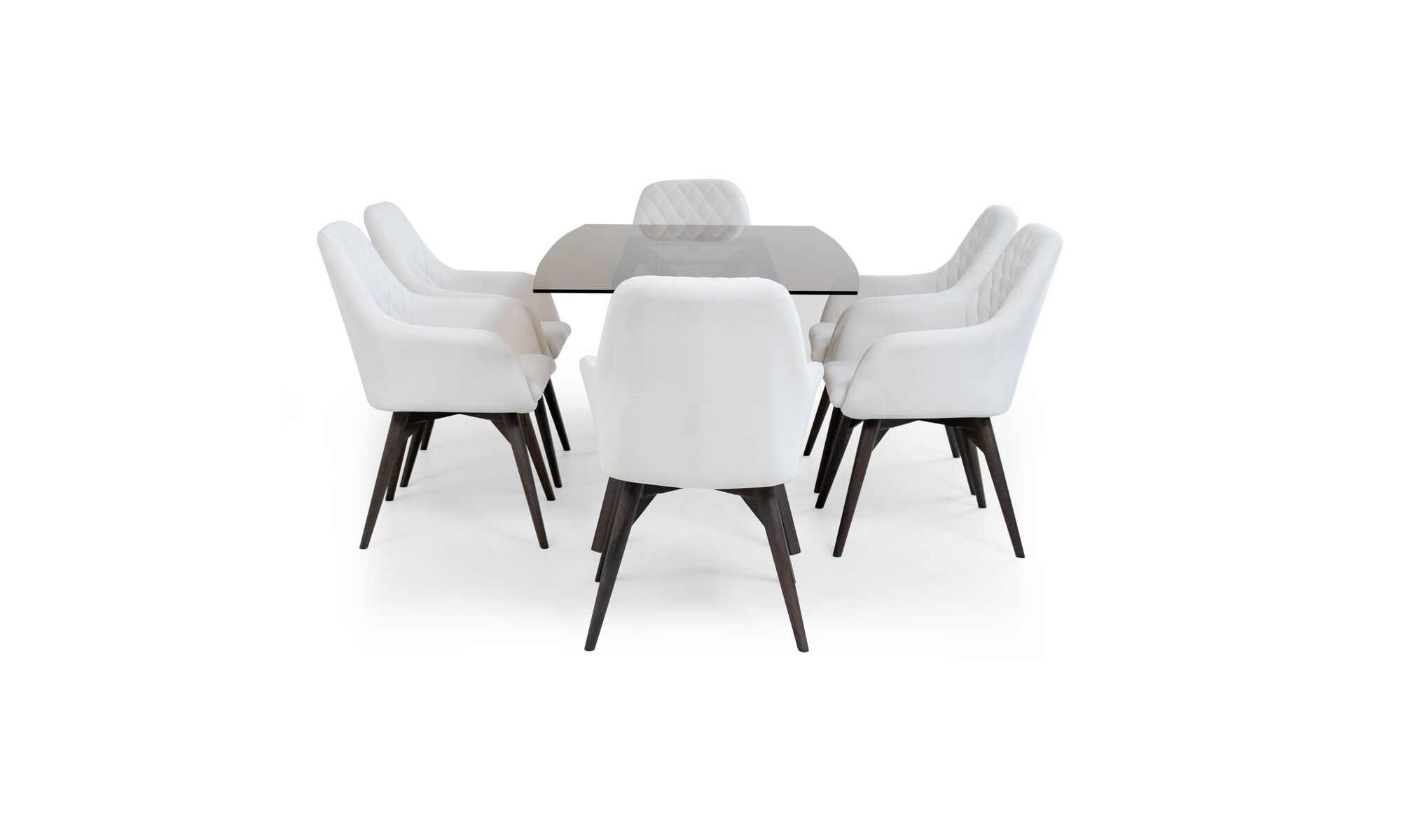 Comedor-atalanta-vidrio-barril-6-sillas-odense-Vertical Vista lateral de la Mesa Comedor Atalanta Vidrio Barril + 6 Sillas Odense de la marca Aristas. La mesa presenta una superficie de vidrio moderna, con patas delgadas y rectas. Las sillas, tapizadas en un tono neutro, complementan el conjunto con un diseño elegante, de respaldo curvo y patas en madera color Ceniza.